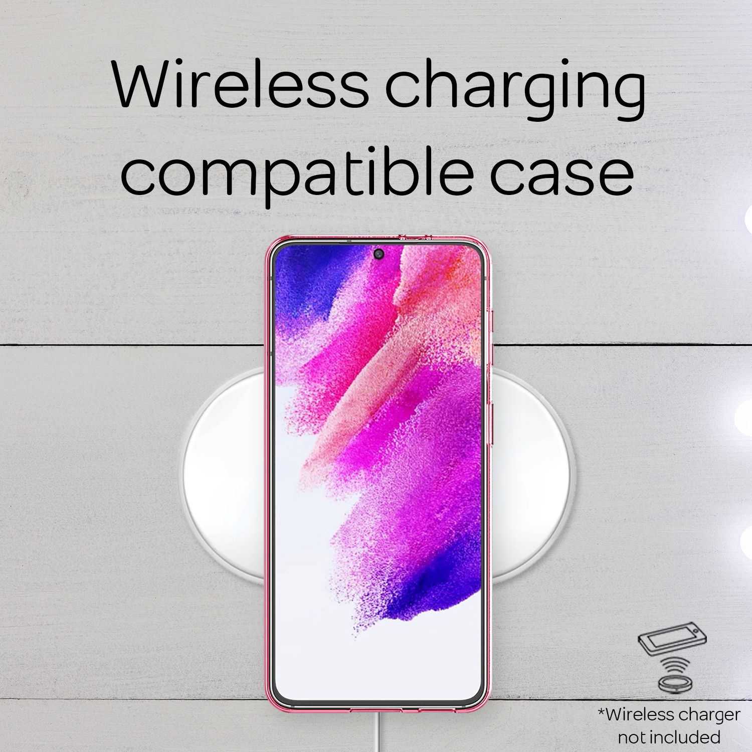 Telefon auf kabellosem Ladegerät. Telefon hat rosa Hülle. Ladegerät ist weiß. Text sagt "Wireless charging compatible case."