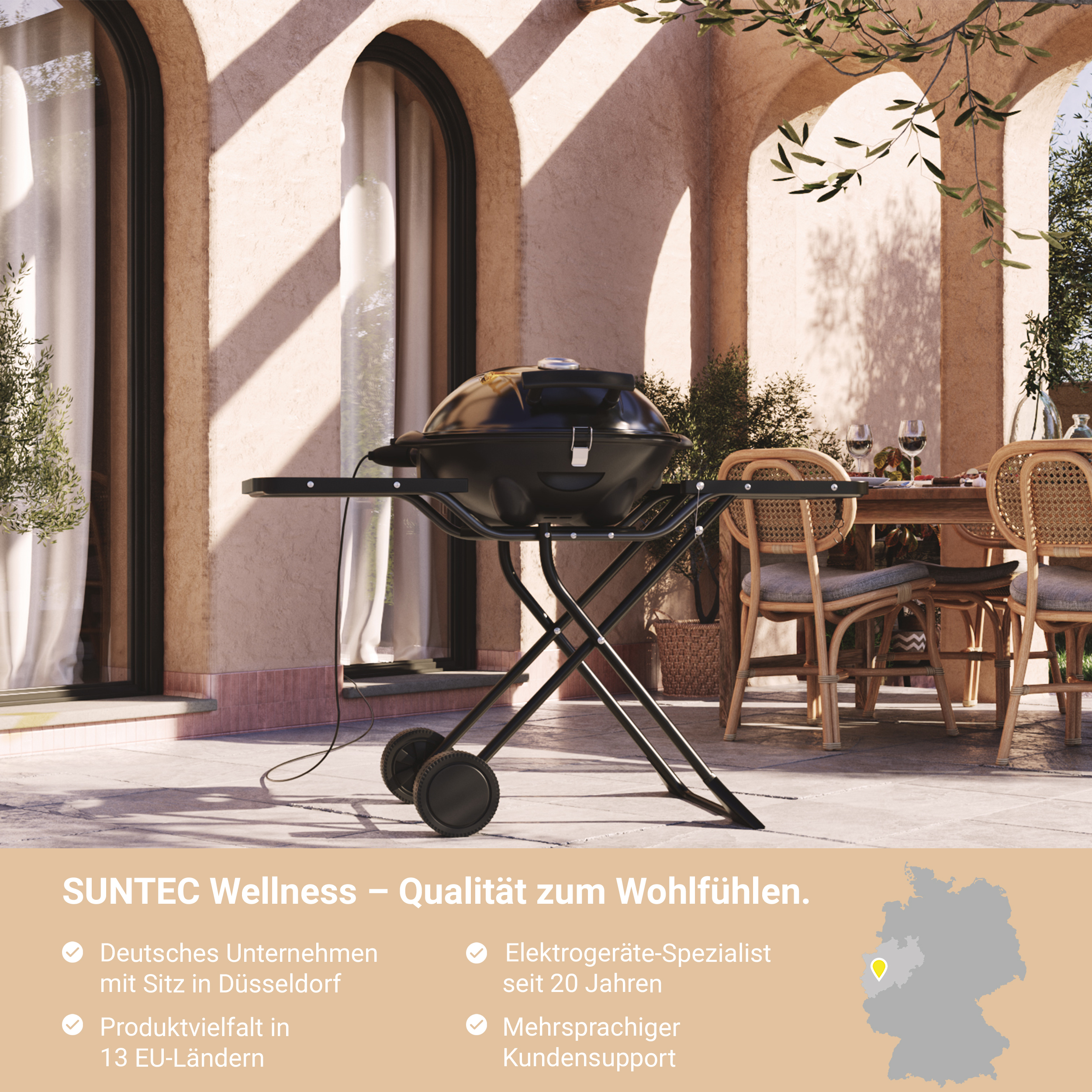 | Outdoor SUNTEC Watt Balkon, Terrasse, Gestell, 2400 | (2400 | Tischgrill Mobiles für Camping Barbecue | Elektrogrill / Watt) und Schwarz | Standgrill Elektrogrill BBQ-9295 Garten Standgrill