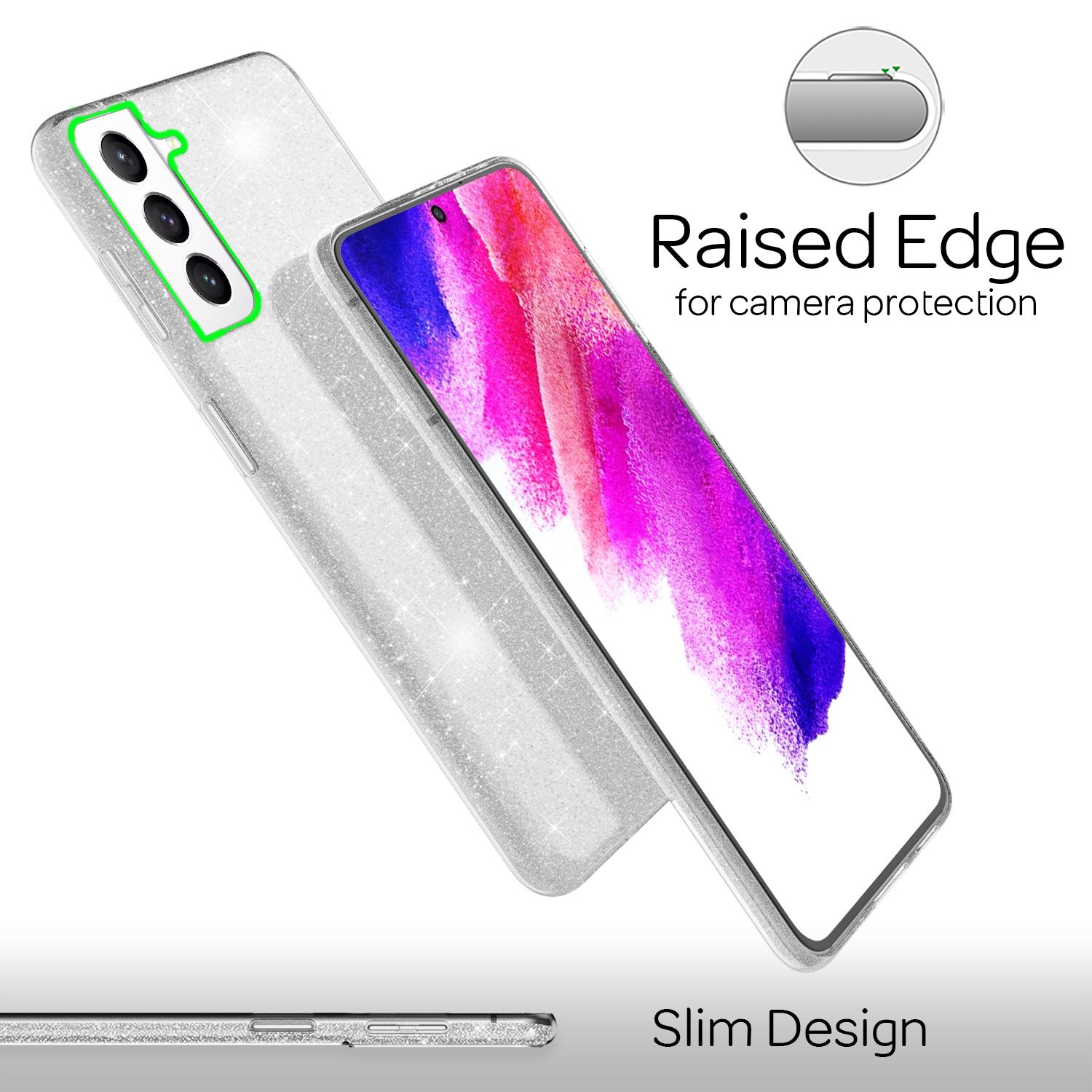 Silberne Handyhülle mit einem Telefon darin. Die Handyhülle hat einen erhöhten Rand zum Schutz der Kamera und ein schlankes Design.