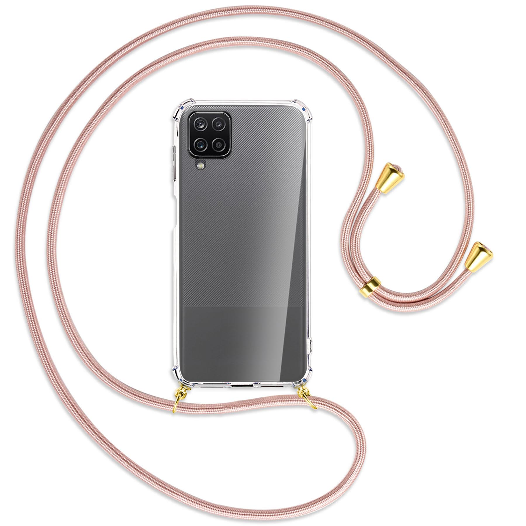 Eine transparente Handyhülle mit einer rosa Schnur. Die Schnur hat goldene Akzente. Das Telefon hat 3 Kameras.