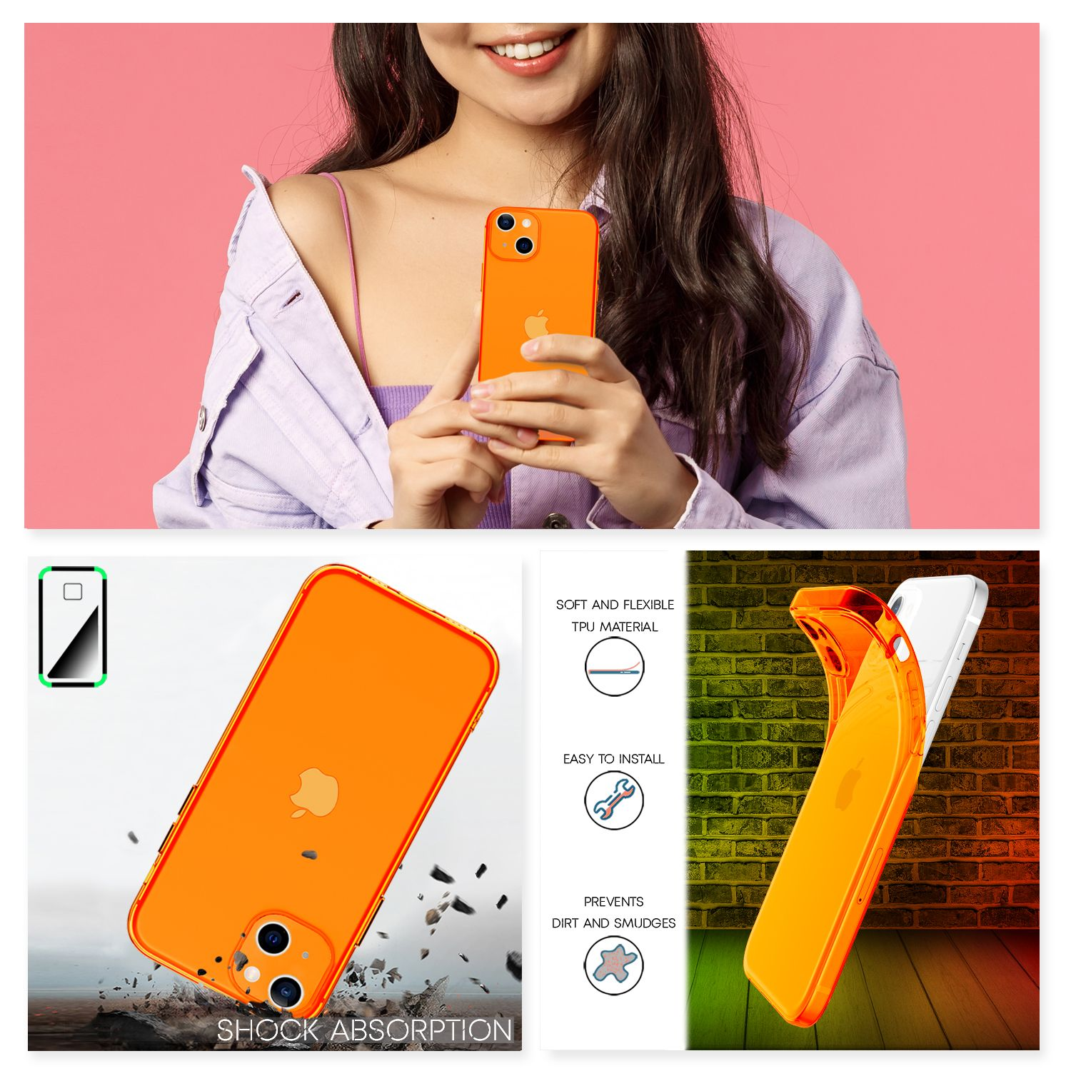 Donna che tiene un telefono arancione davanti a uno sfondo rosa. Dettagli della custodia.