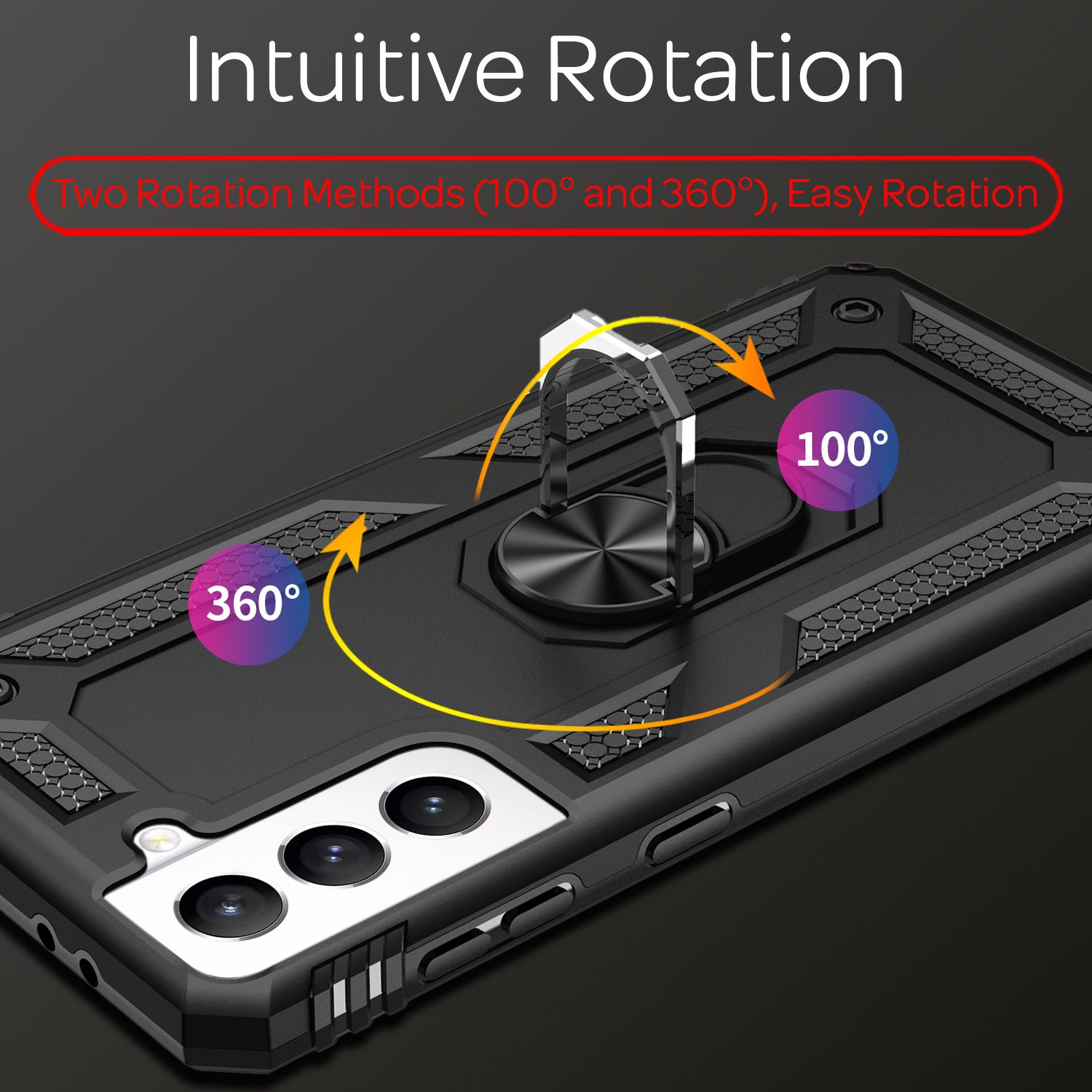Una custodia per telefono nera con un supporto ad anello. La custodia è su una superficie nera. Il testo "Rotazione intuitiva" è visualizzato.