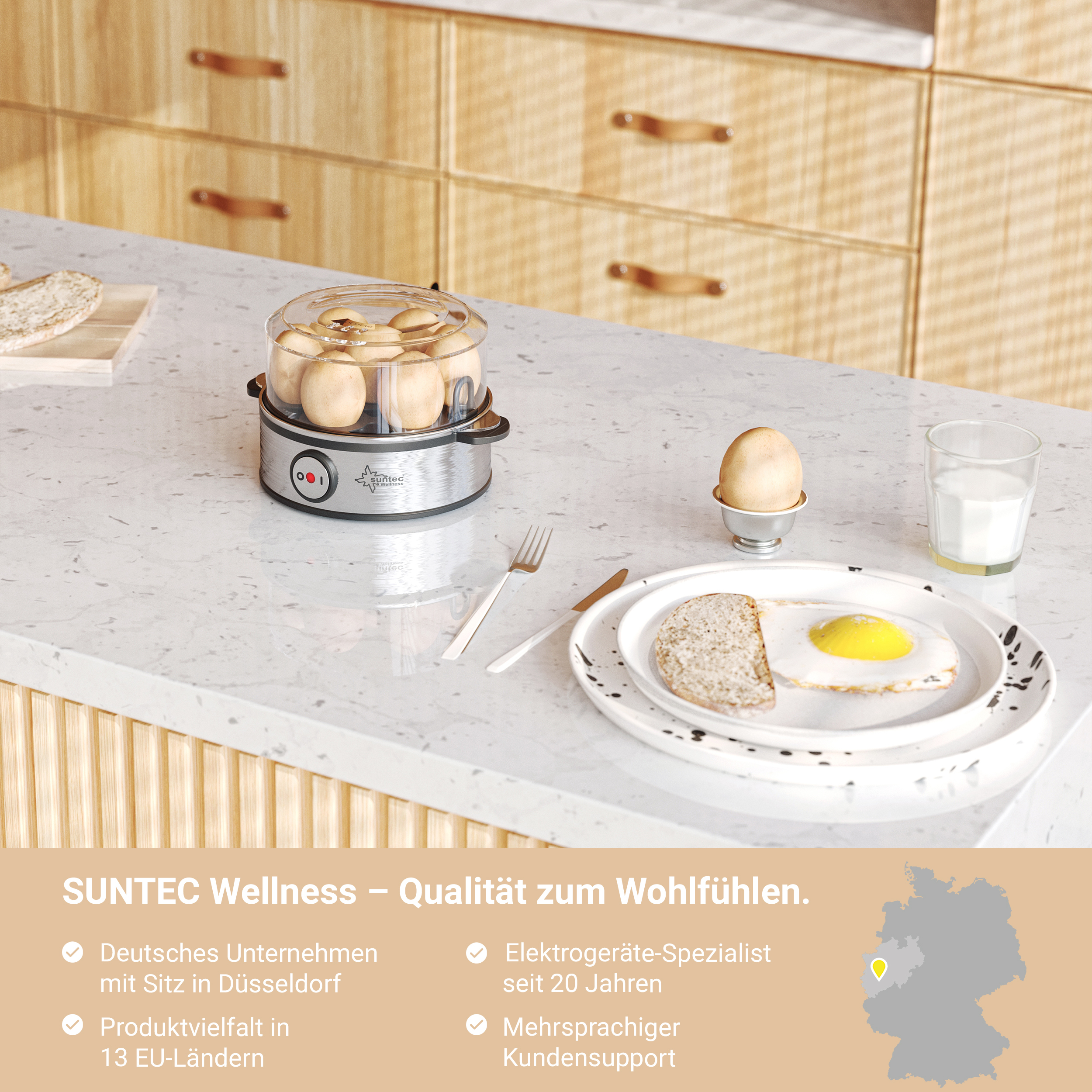 Hervidor de huevos con huevos, pan, huevo y leche. Texto y un mapa incluidos.
