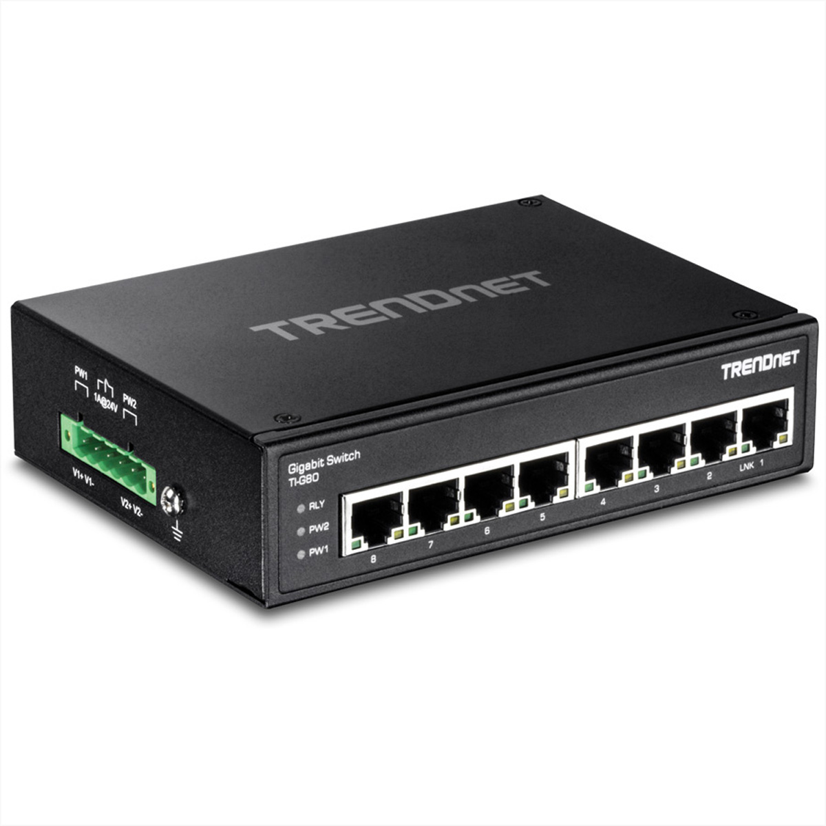 Schwarzer TRENDnet-Netzwerk-Switch mit Anschlüssen. Es hat Strom- und andere Anschlüsse.