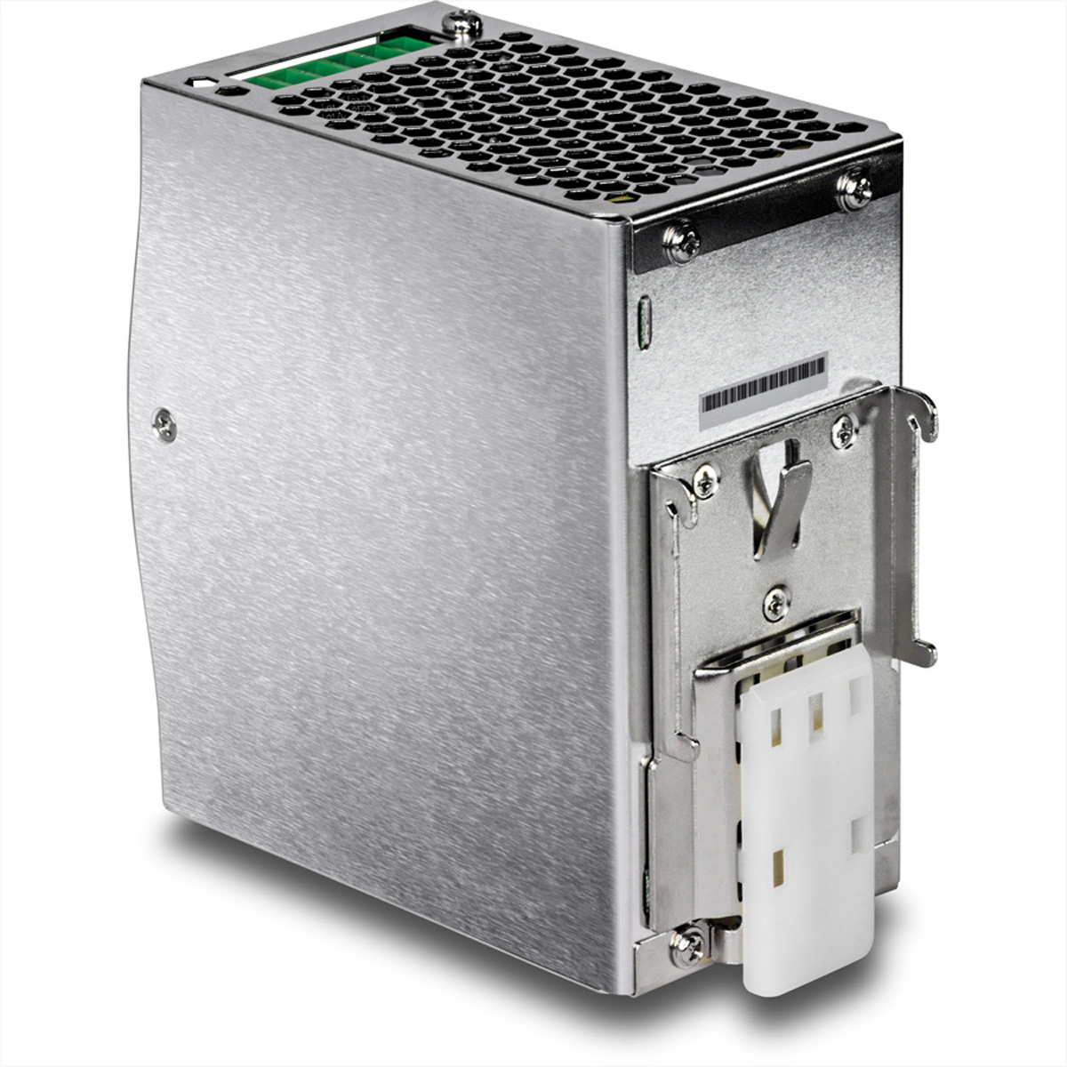 Een metalen, rechthoekige voedingseenheid met een honingraattoppervlak en een witte connector aan de zijkant.