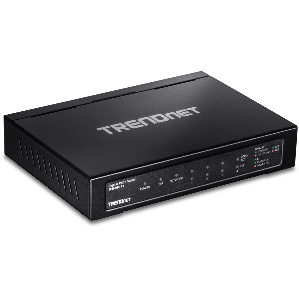 Schwarzer TRENDnet Gigabit PoE+ Switch. Hat mehrere Anschlüsse und Lichter sind an.