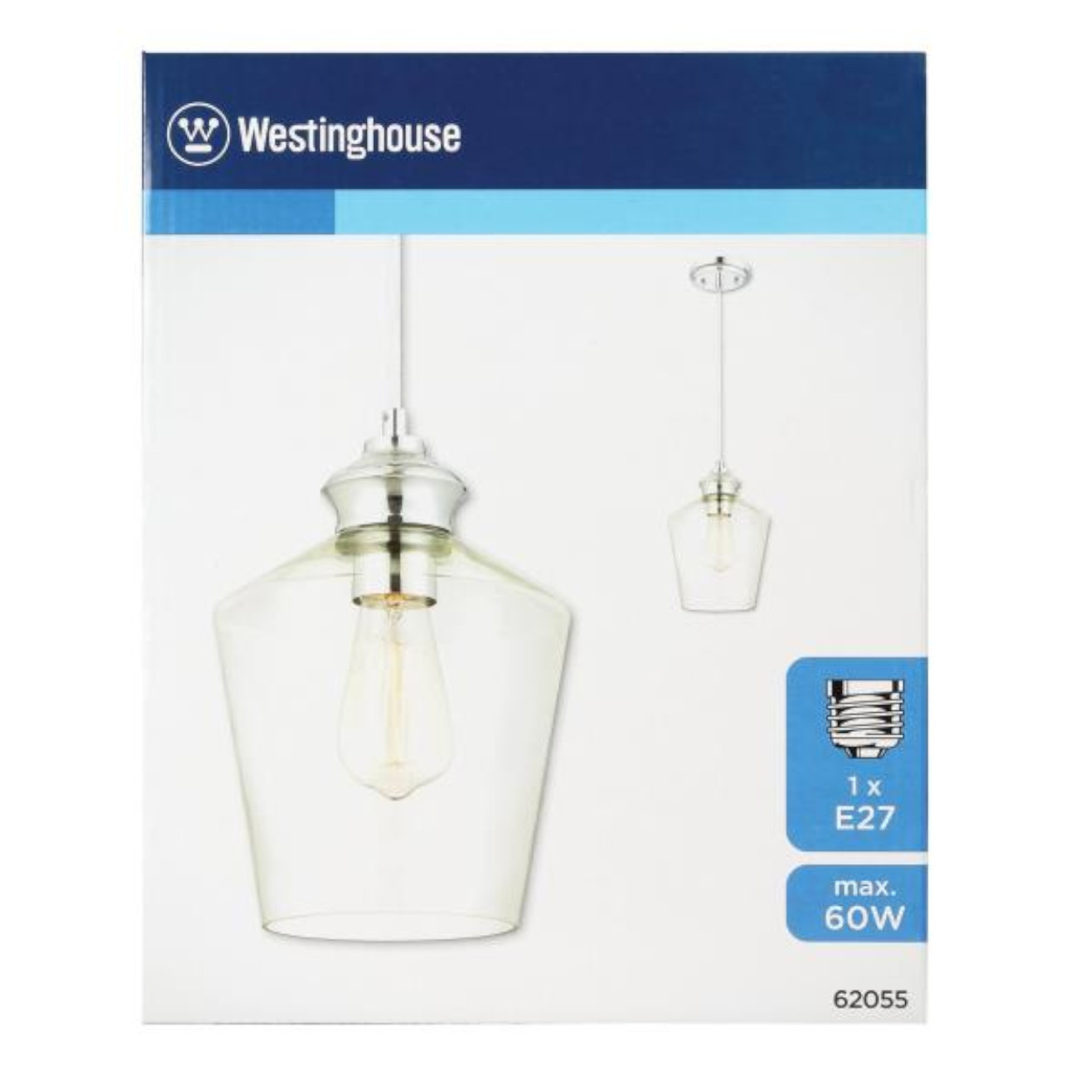 Westinghouse-Pendelleuchte mit klarem Glasschirm und sichtbarer Glühbirne.