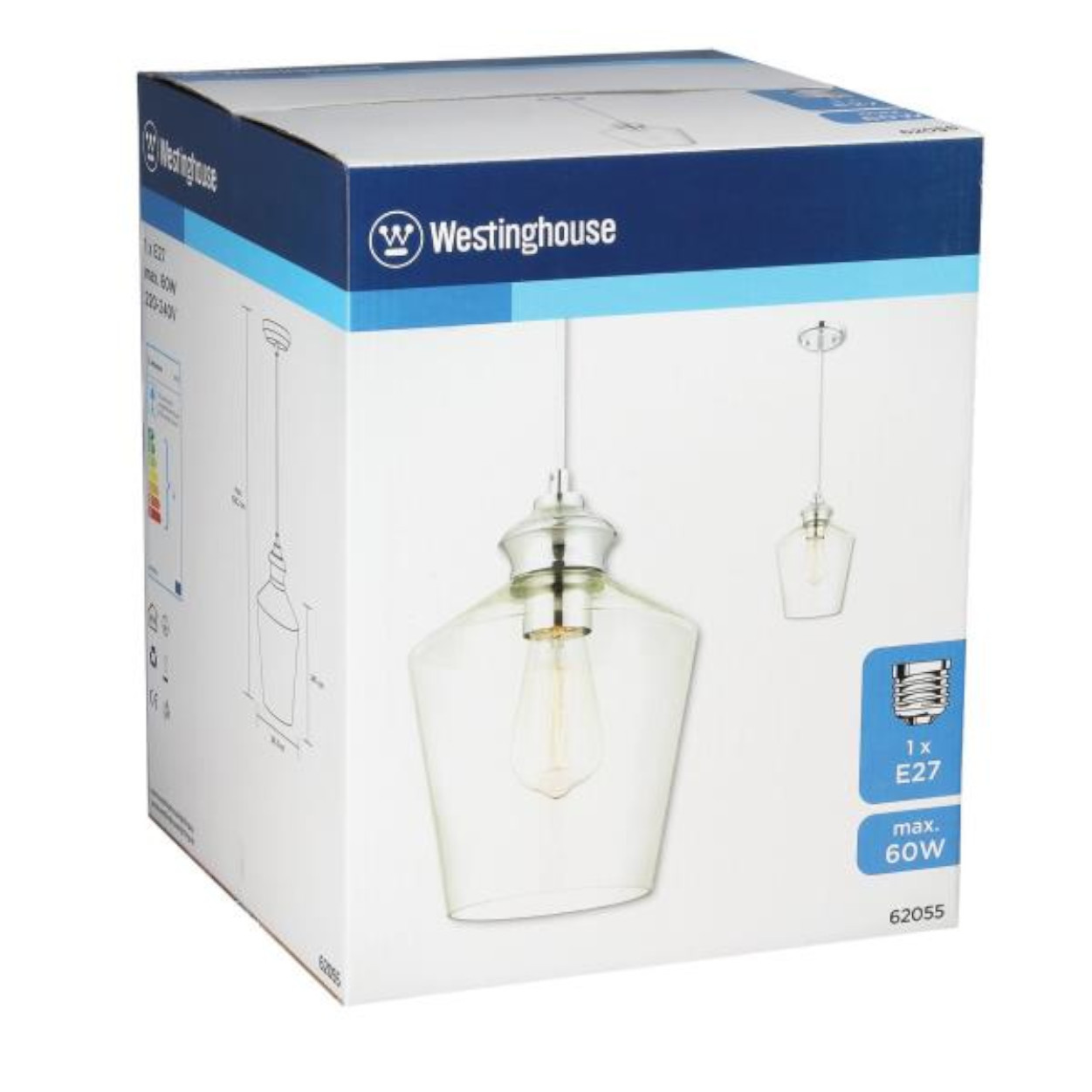 Westinghouse-Box mit Diagramm einer Pendelleuchte und der Leuchte selbst, einem klaren Glasschirm.