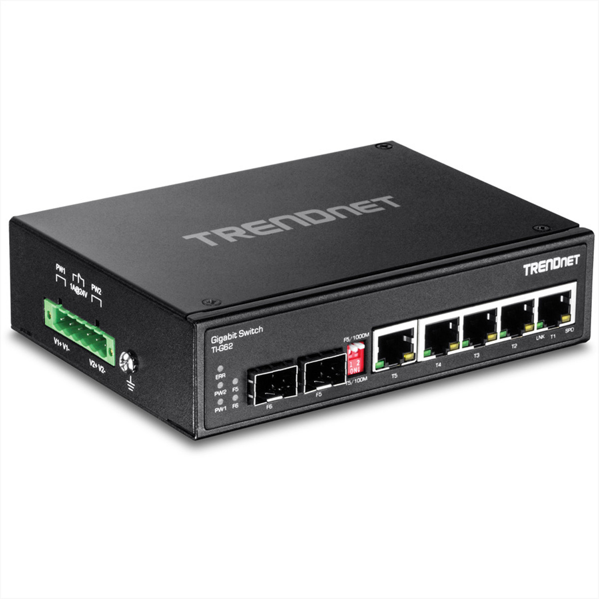 Ein schwarzer Gigabit-Switch mit mehreren Anschlüssen, beschriftet mit TRENDnet.