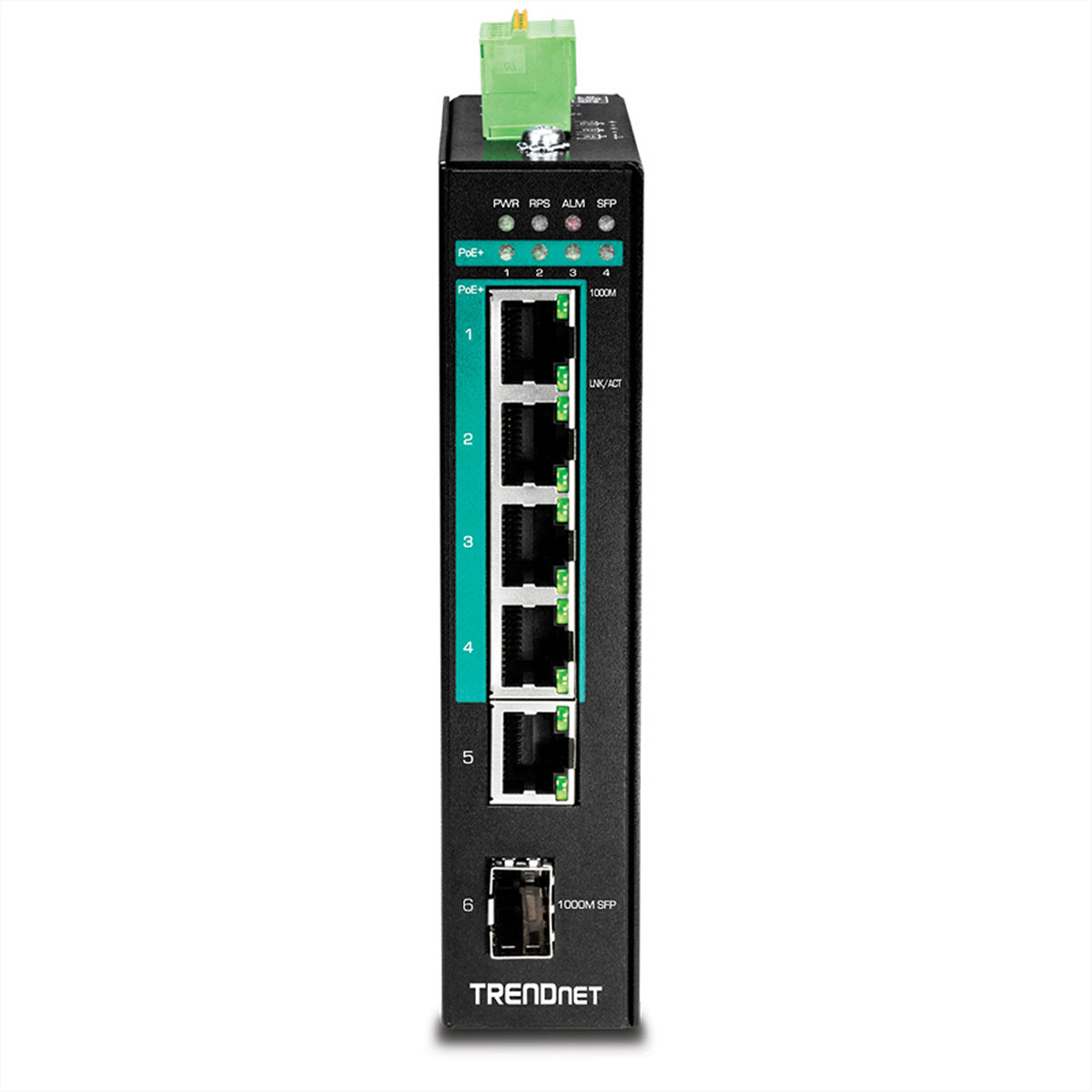 Schwarzer TRENDnet 5-Port PoE-Netzwerk-Switch mit Anschlüssen und Anzeigen.