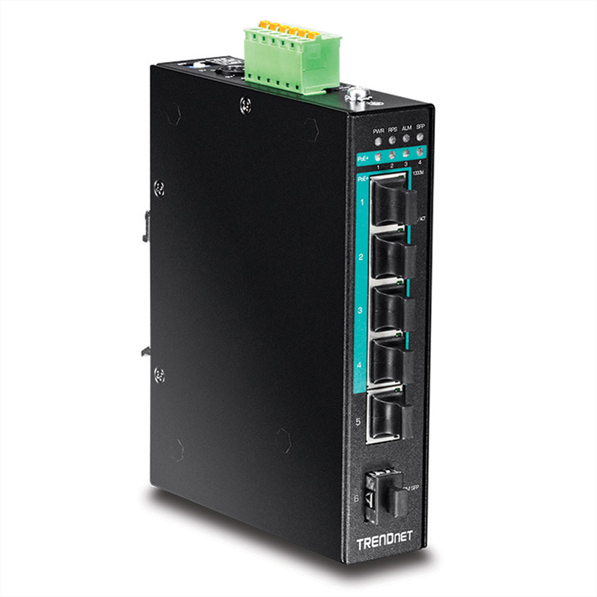 Schwarzer TRENDnet-Netzwerk-Switch mit Anschlüssen, Lichtern und Stromanschlüssen vor weißem Hintergrund.