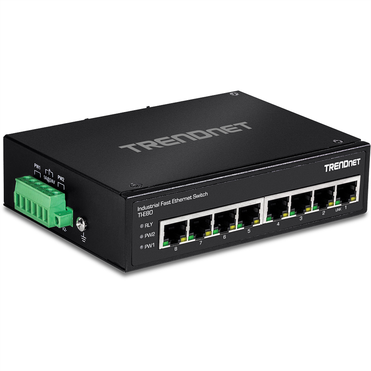 Een zwarte industriële Ethernet-switch op een witte achtergrond.