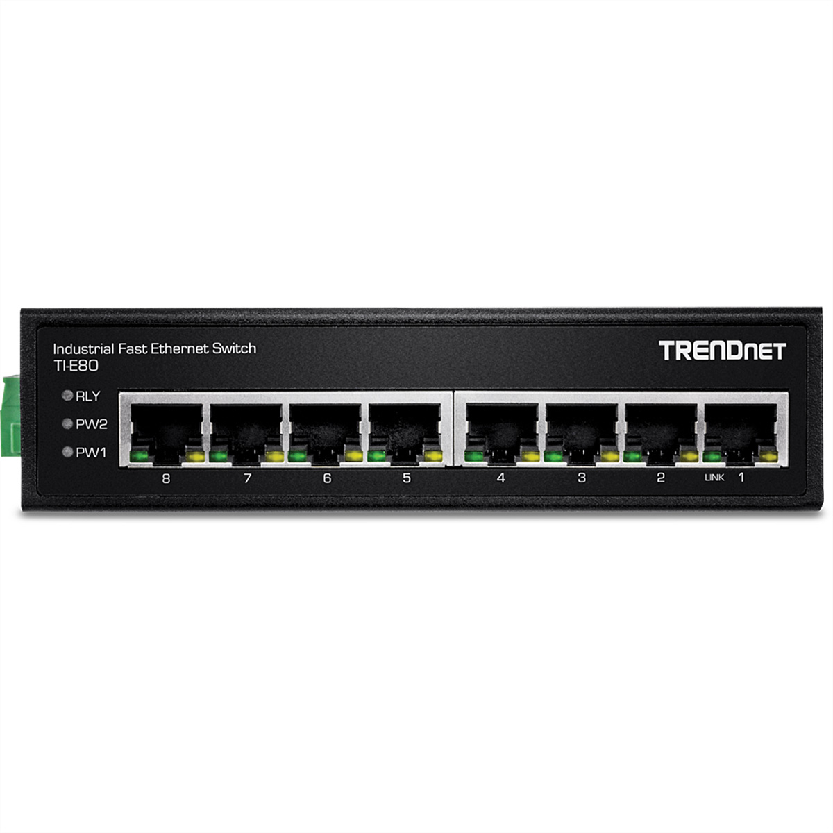 Zwarte Ethernet-switch. Het heeft 8 poorten met groene, gele en oranje poorten. Het merk is TRENDnet.
