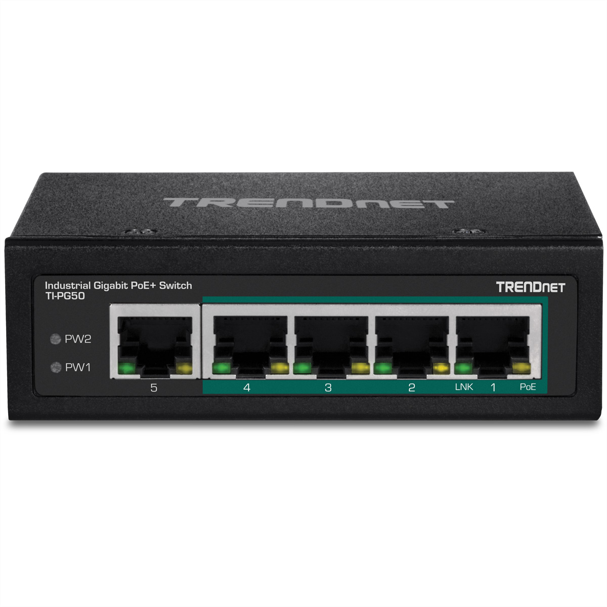 Ein schwarzer TRENDnet-Netzwerk-Switch mit mehreren Anschlüssen und Kontrollleuchten.