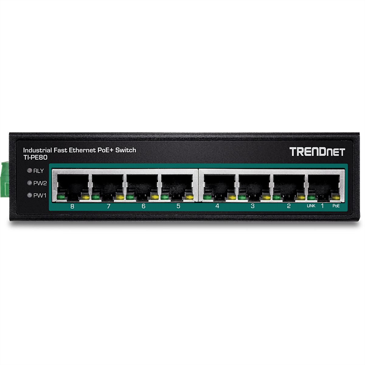 Schwarzer Ethernet-Switch mit grünen Akzenten und mehreren Ports, beschriftet mit Zahlen und Indikatoren.