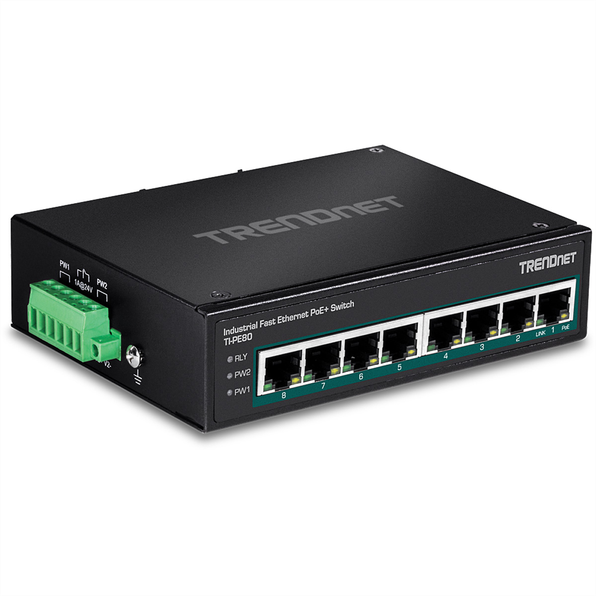 Ein schwarzer Trendnet-Netzwerk-Switch mit mehreren Anschlüssen und Anzeigen. Es liegt auf weißem Untergrund.