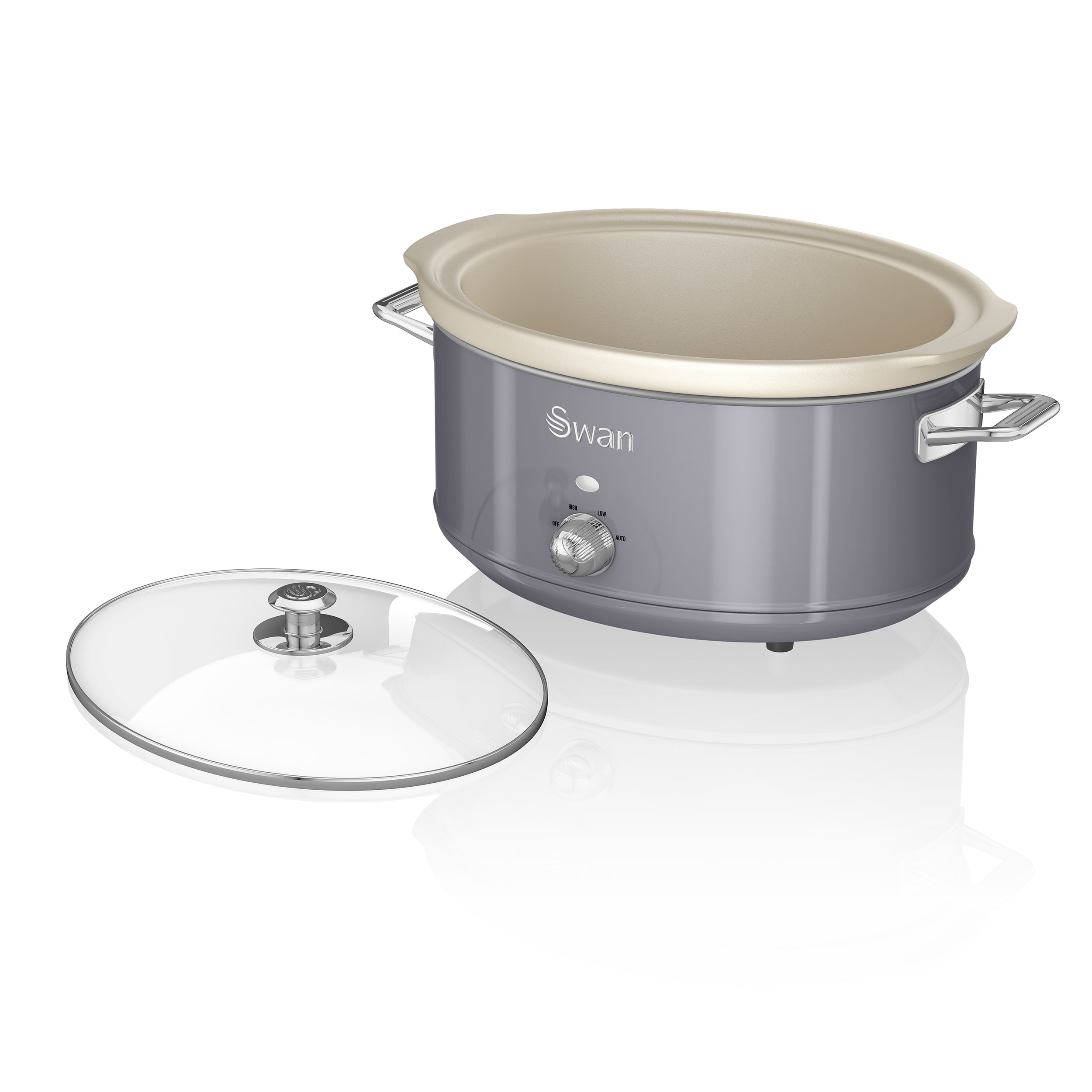 Grauer Slow Cooker mit Glasdeckel. Er hat einen cremefarbenen Innentopf und Griffe.