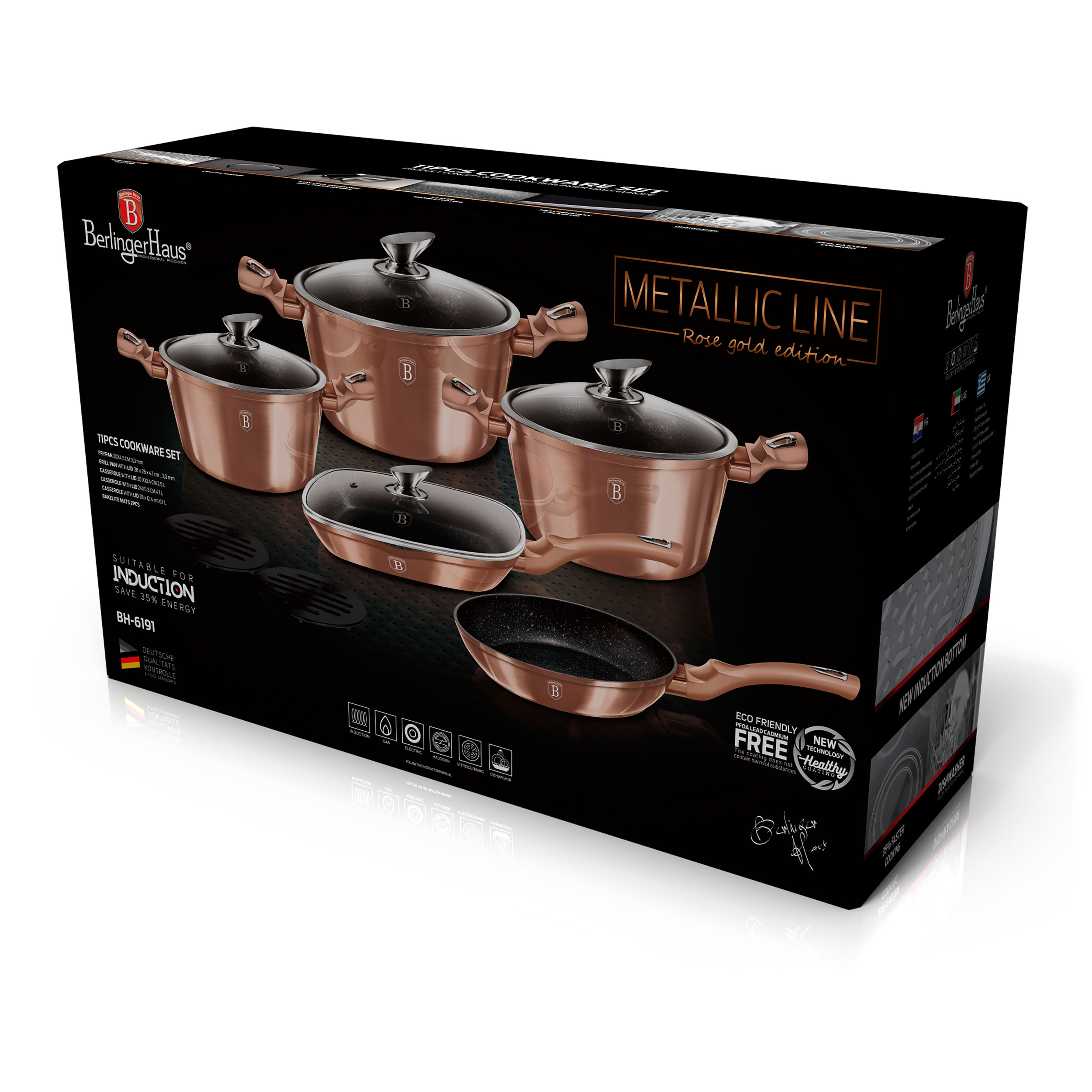 Juego de utensilios de cocina en caja. Incluye ollas, sartenes y tapas en oro rosa.