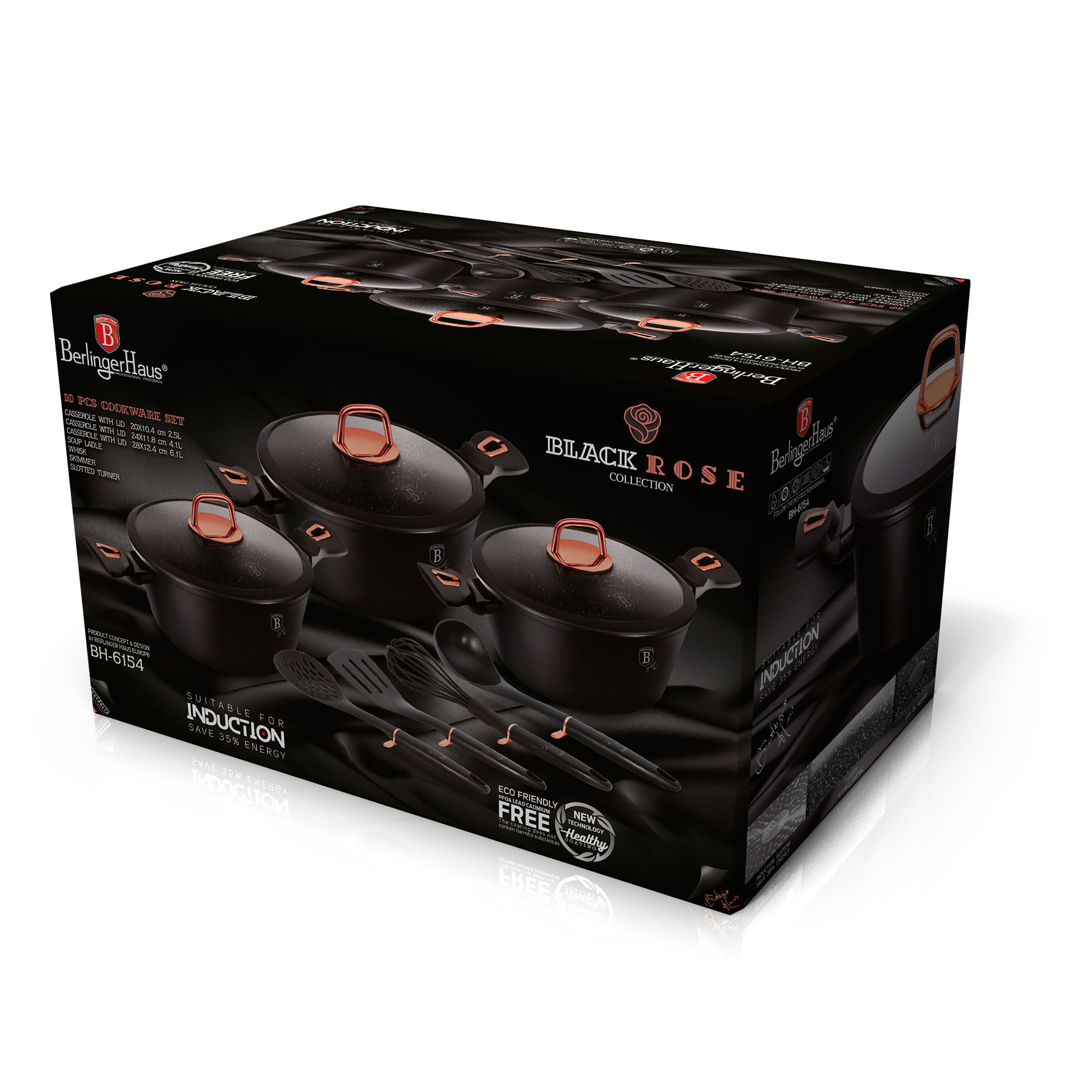 Una caja negra que muestra un juego de ollas y sartenes con asas de oro rosa.