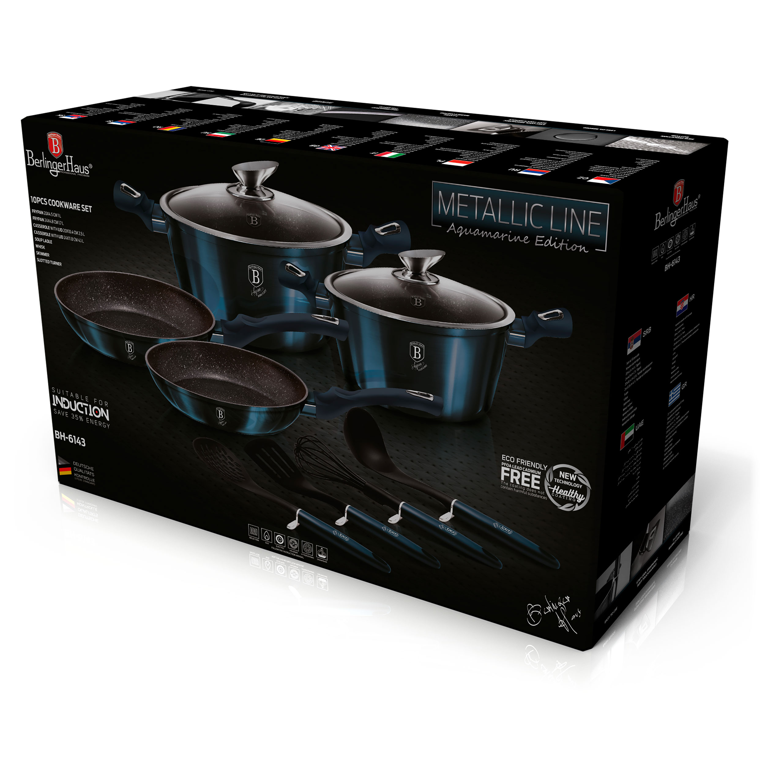 Juego de utensilios de cocina en caja. Incluye ollas, sartenes y utensilios. Colores azul oscuro y negro.