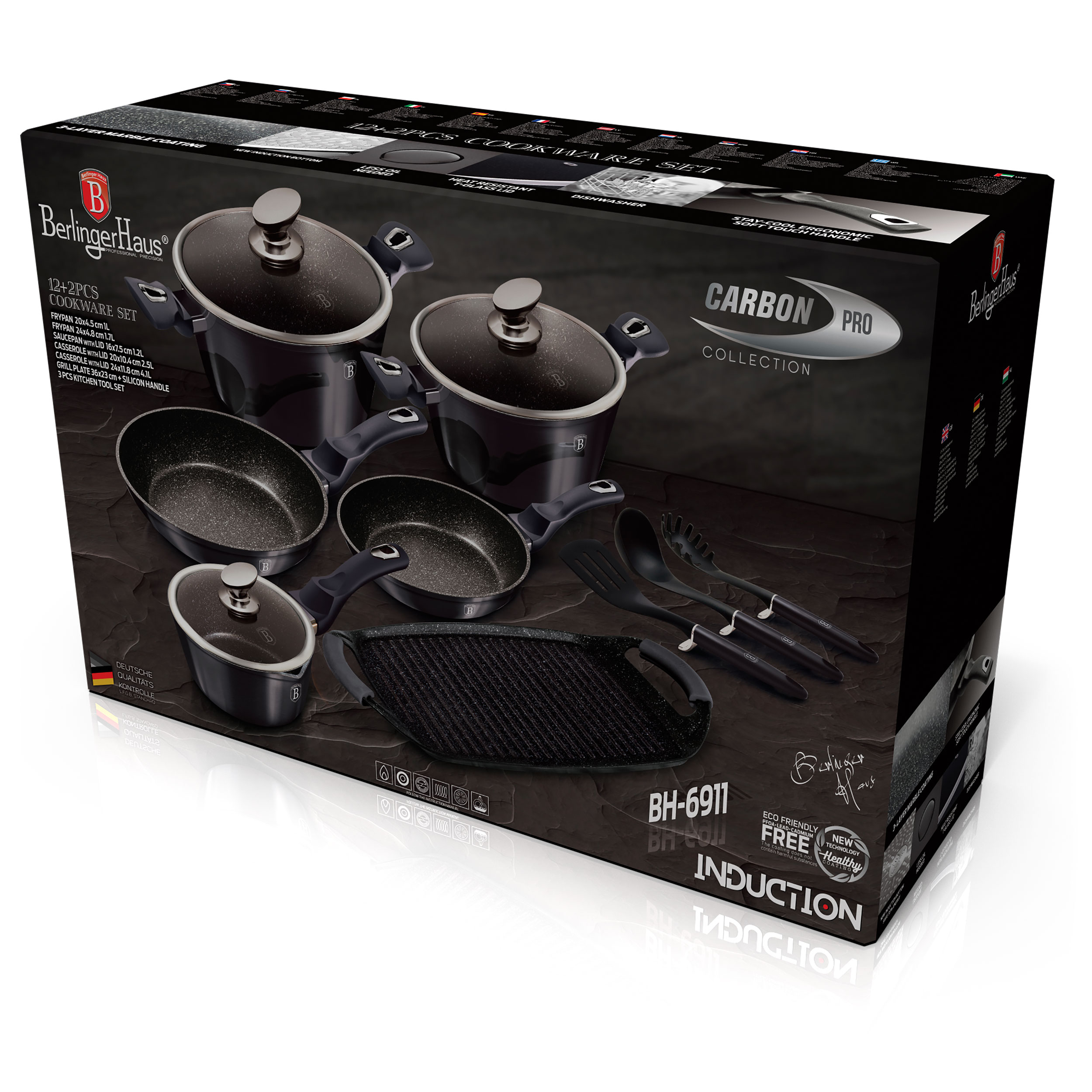 Un juego de utensilios de cocina BerlingerHaus en caja, que incluye ollas, sartenes y utensilios de cocina. Colección Carbon Pro.