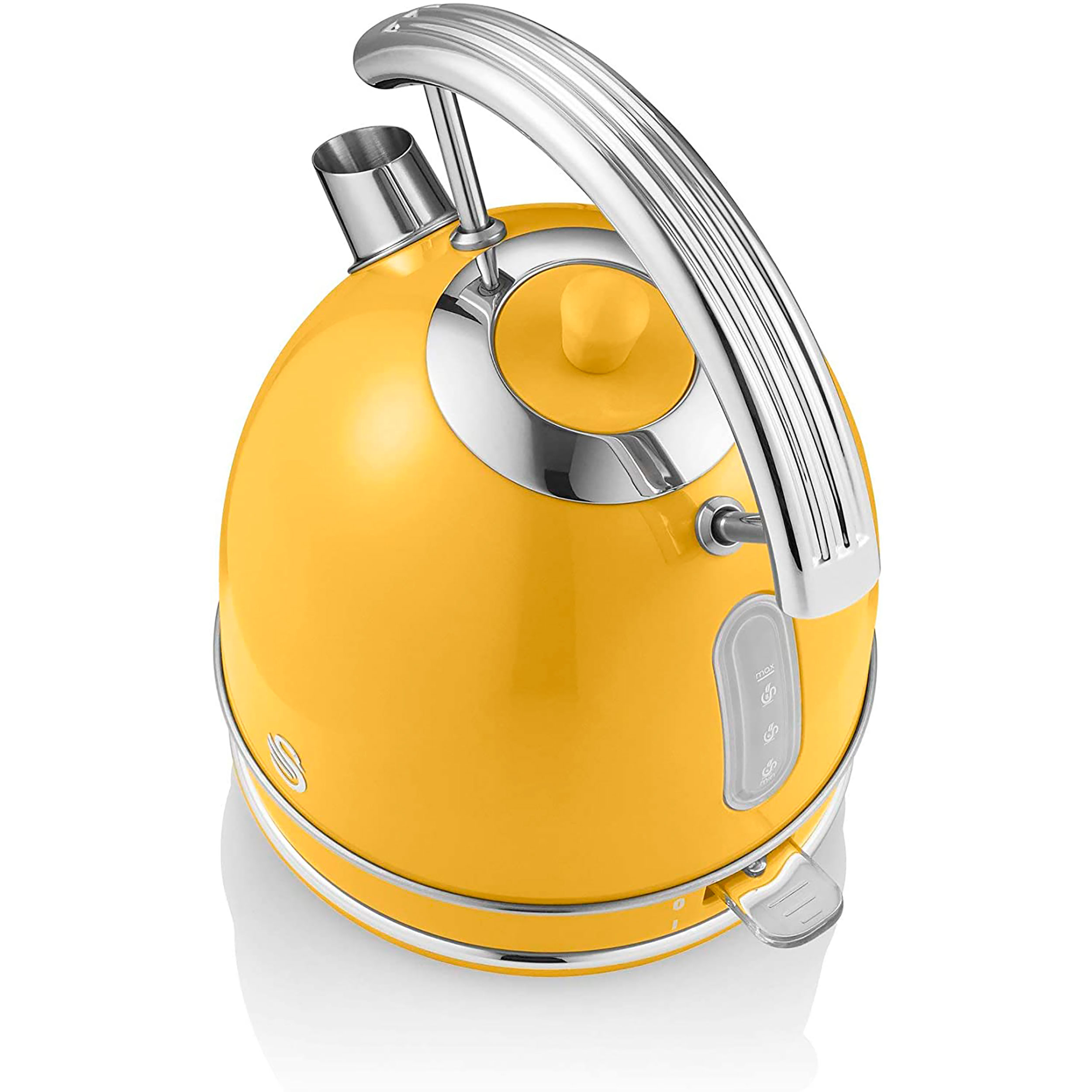 Hervidor amarillo de estilo retro con detalles cromados, sobre fondo blanco.