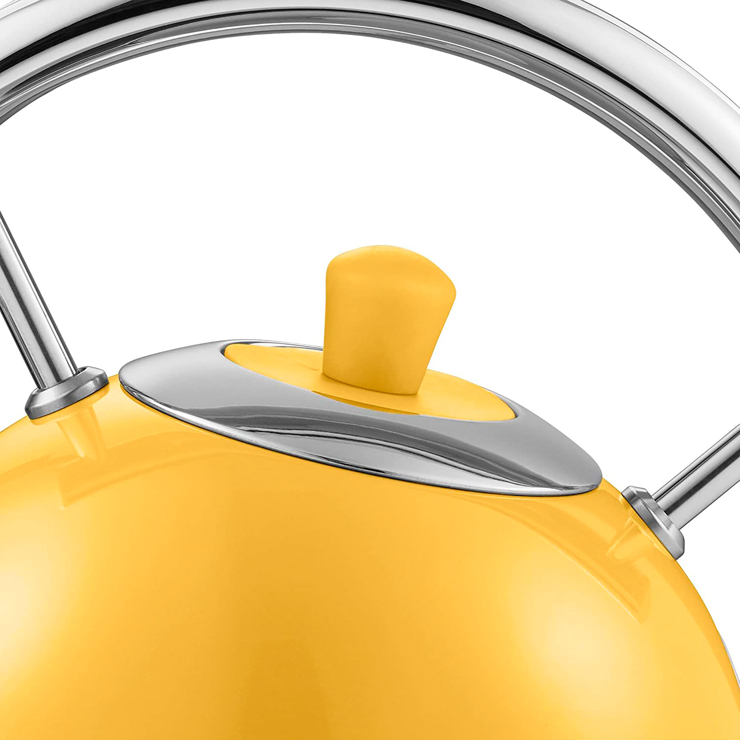 Una tetera amarilla con un botón amarillo y un asa plateada.