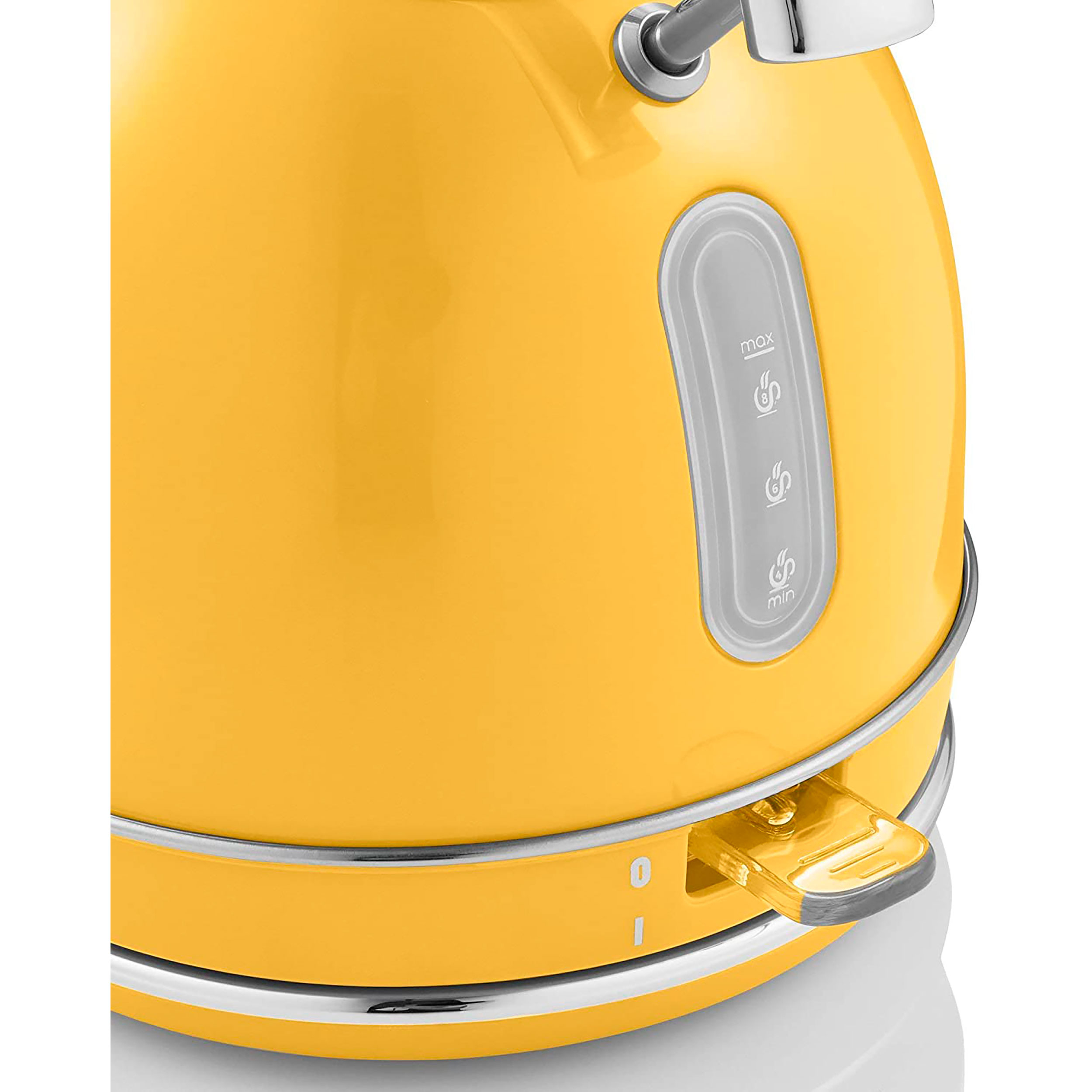 Hervidor eléctrico amarillo con indicador de nivel de agua y un interruptor.