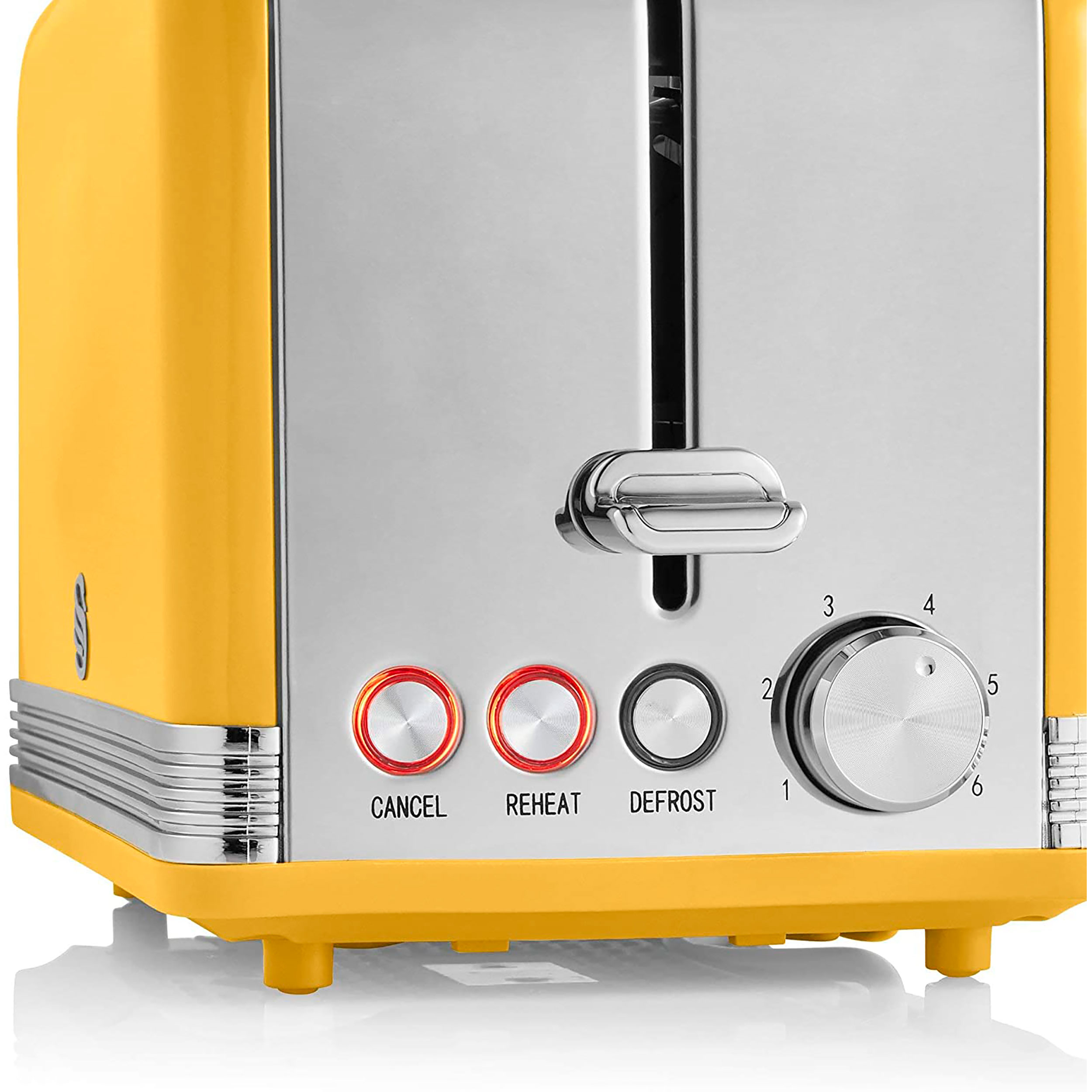 Gelb-silberner Toaster mit Knöpfen und einem Drehregler. Die Knöpfe sind mit Abbrechen, Aufwärmen und Auftauen beschriftet.