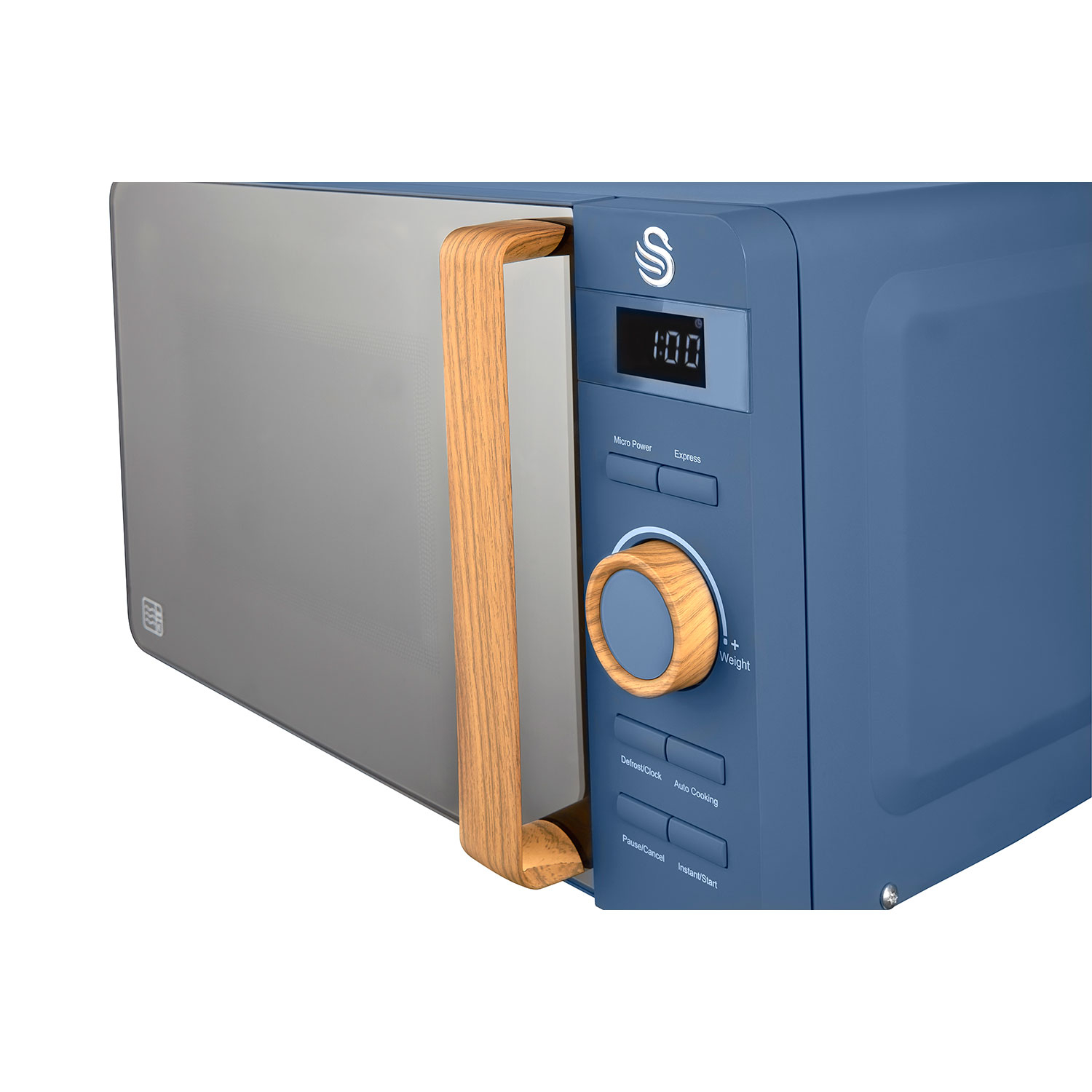 Microondas azul con asa de madera. La pantalla digital muestra 1:00. Controles incluyen ajustes de potencia y peso.