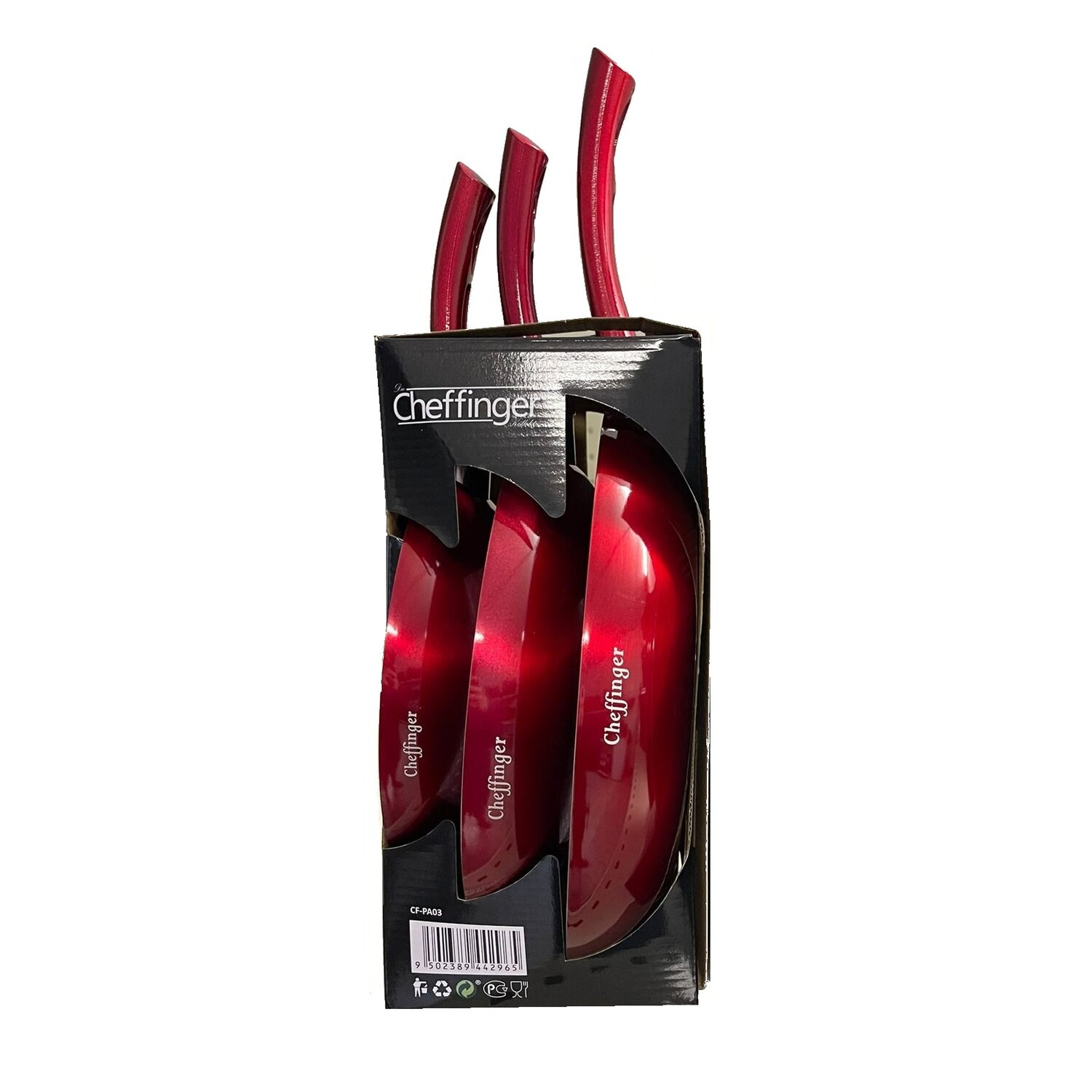 Rote Bratpfannen in einer Box. Drei Pfannen mit roten Griffen. Die Box ist schwarz mit Text.