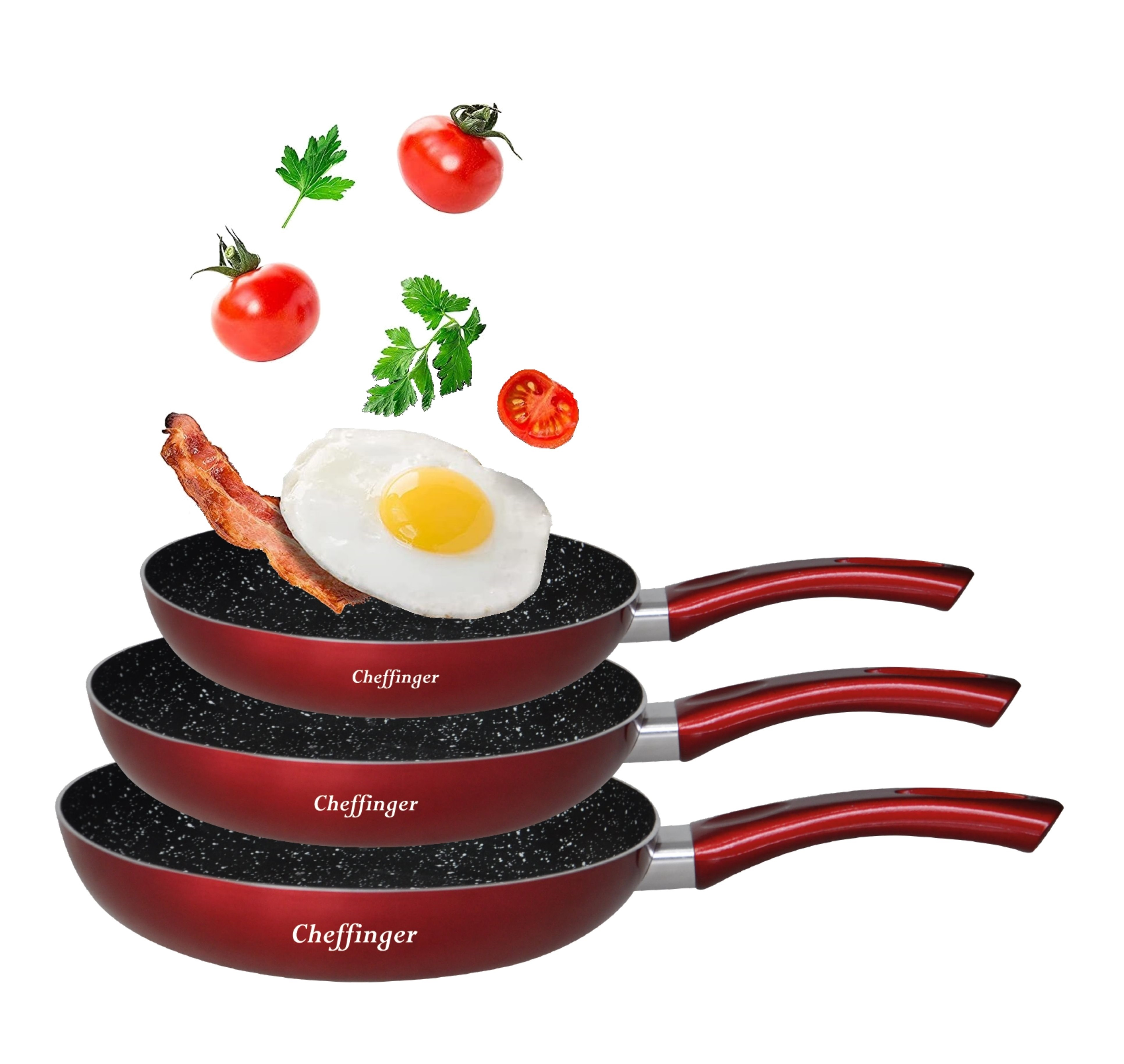 Drei rote Bratpfannen mit darüber schwebenden Lebensmitteln, darunter Tomaten, Petersilie und ein Spiegelei.