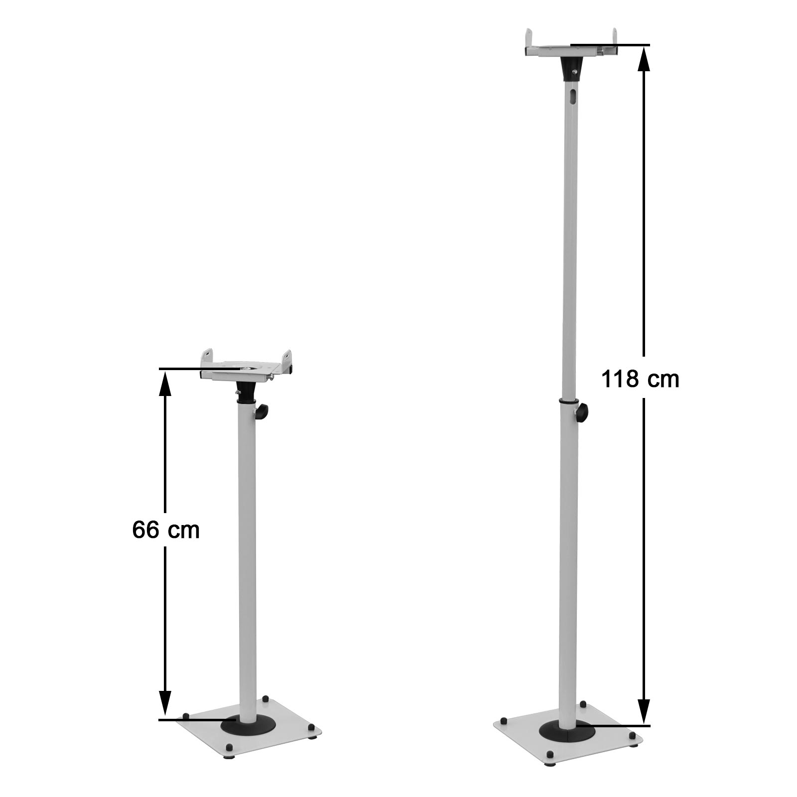 Zwei silberne Lautsprecherständer. Einer ist 66 cm, der andere 118 cm. Maße sind angegeben.