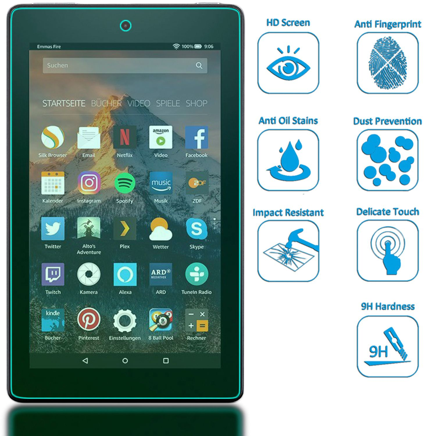 Schwarzes Tablet mit Symbolen und Text. App-Symbole auf dem Bildschirm. Weißer Hintergrund.
