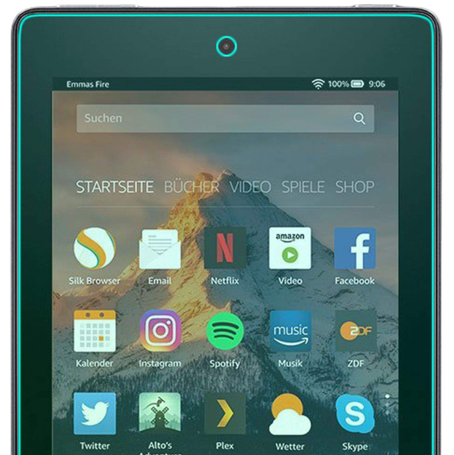 Tablet-Bildschirm mit App-Symbolen und Suchleiste. Grüner Rahmen.