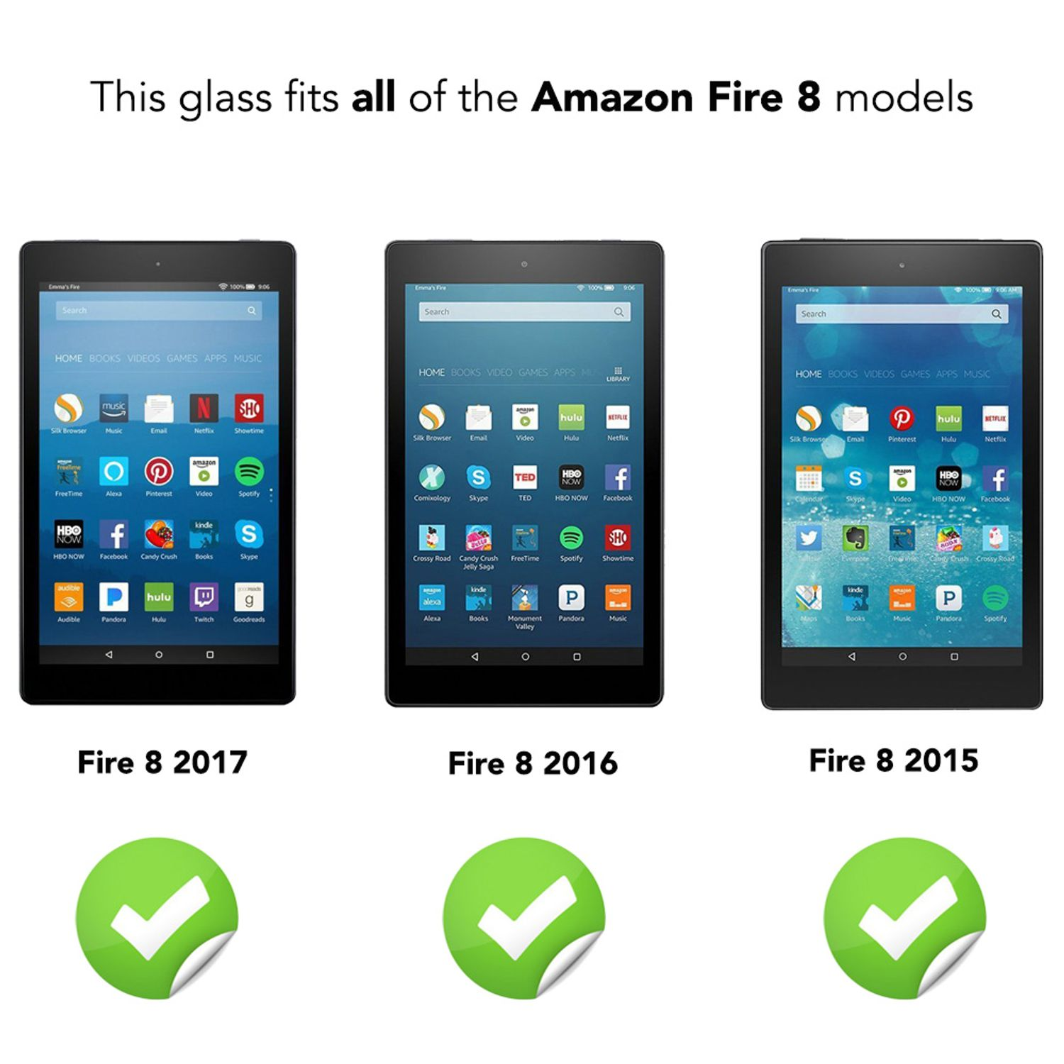 Drei Amazon Fire Tablets mit grünen Aufklebern, die die Kompatibilität für verschiedene Modelle zeigen.