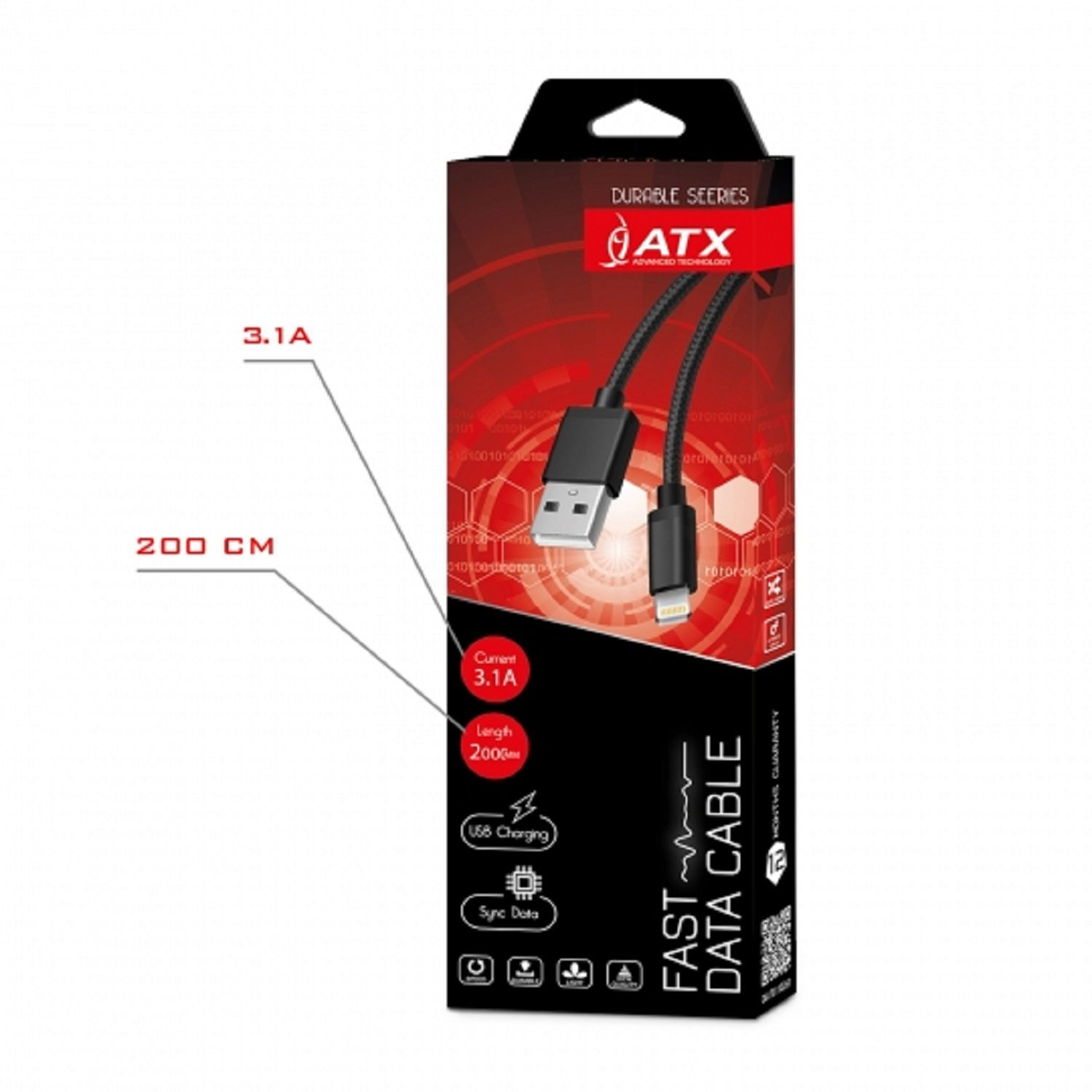 Schwarz-rote USB-Ladekabelverpackung mit Text.