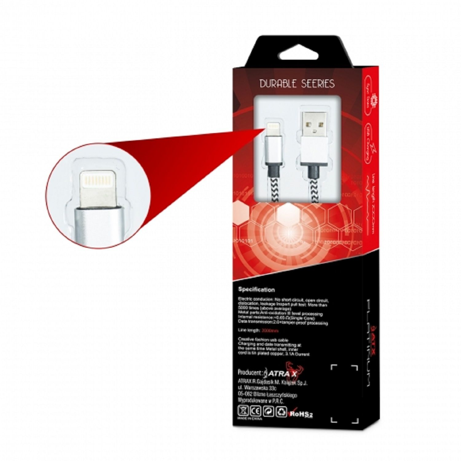 Schwarze und rote Box mit einem Lightning-auf-USB-Kabel im Inneren, mit einem roten Pfeil.