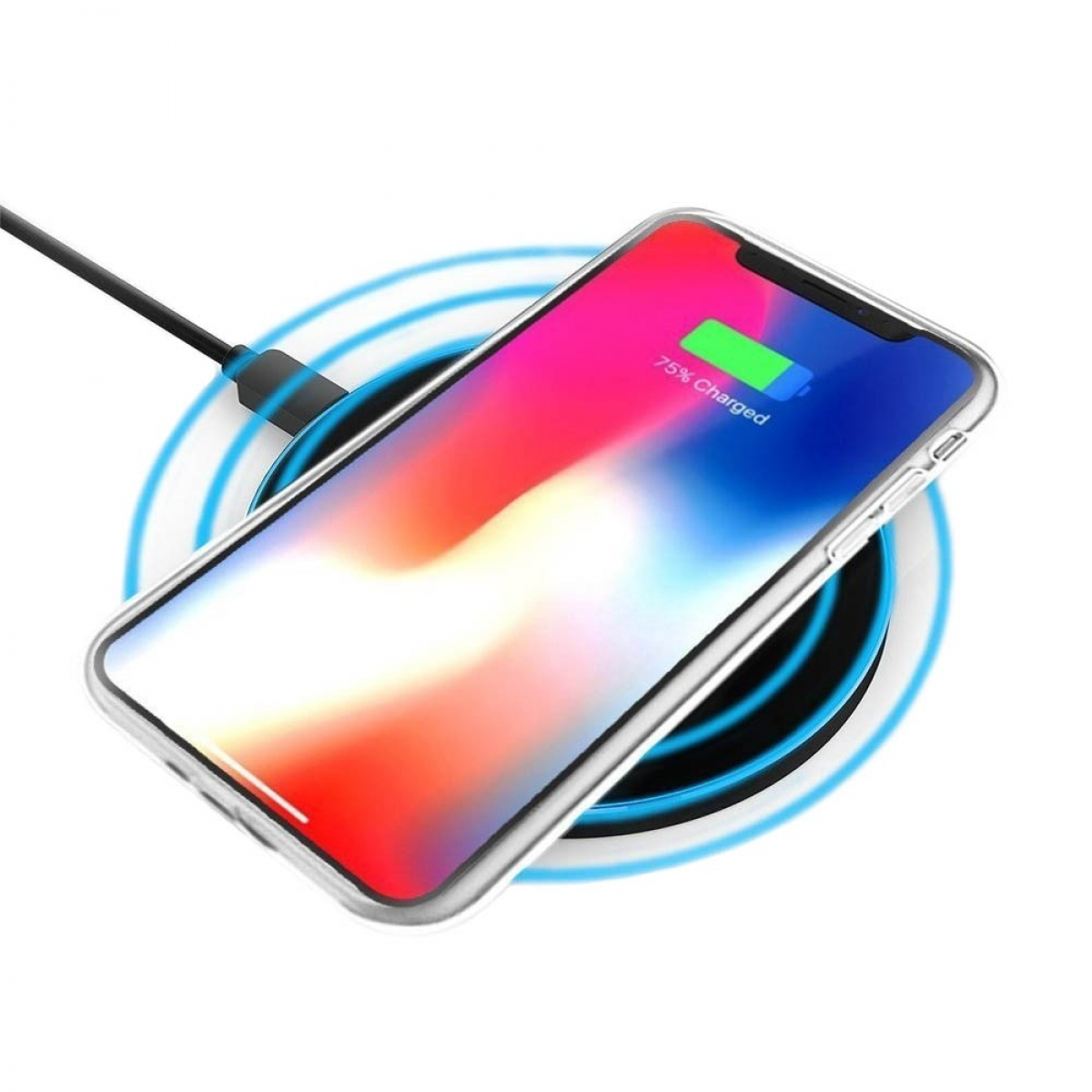 Ein Telefon, das kabellos aufgeladen wird. Der Bildschirm zeigt 75% geladen an. Blaues und weißes Ladepad mit konzentrischen Kreisen.