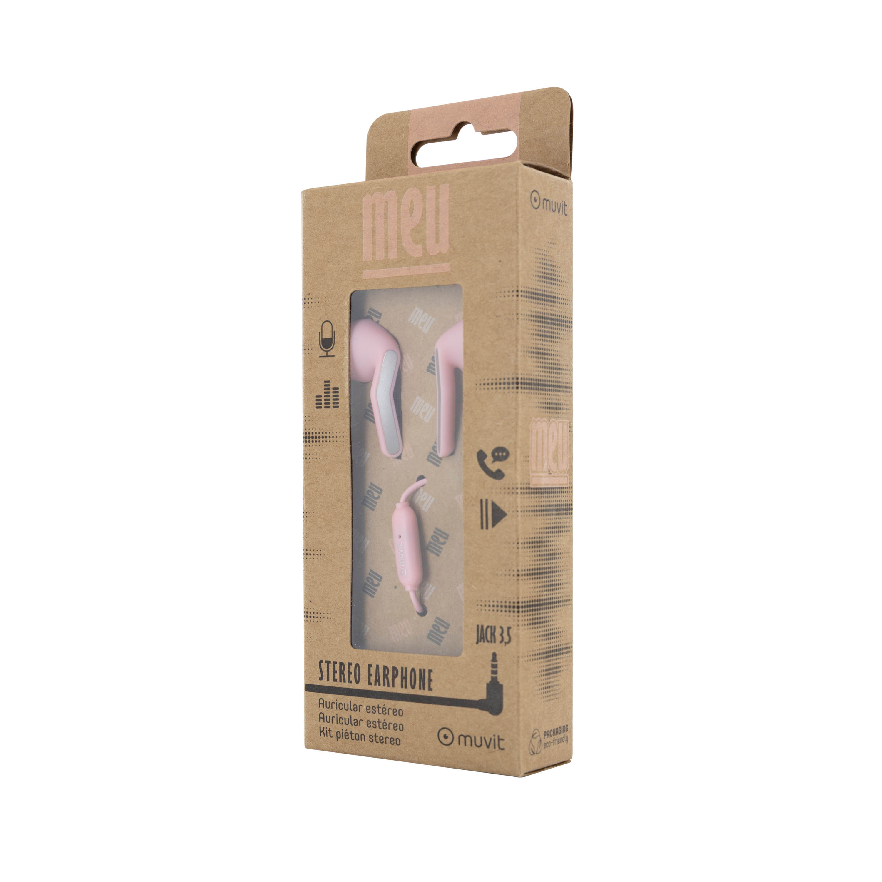 Auricolari stereo rosa in una scatola marrone. Dettagli dell'imballaggio visibili.