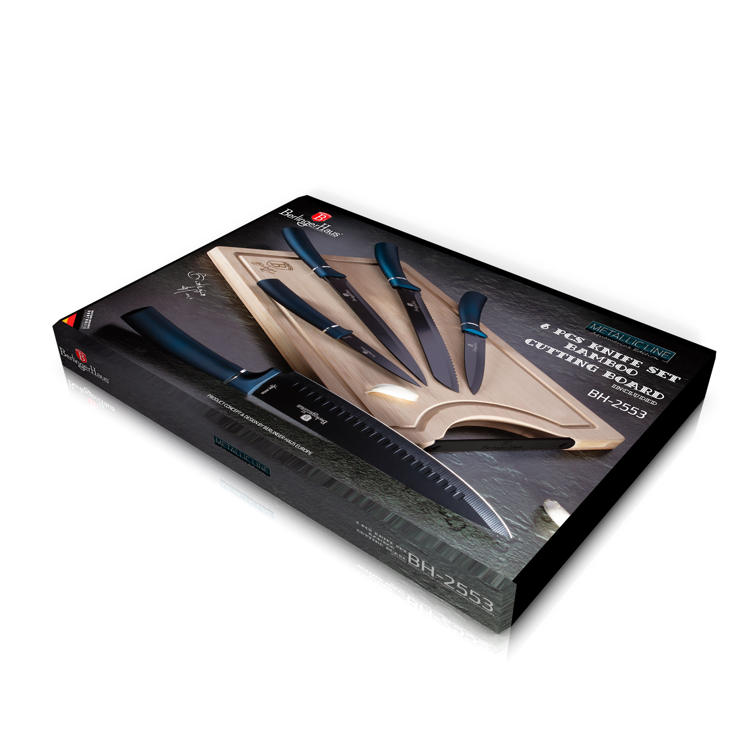 Caja negra con un juego de cuchillos y una tabla de cortar, con texto encima.
