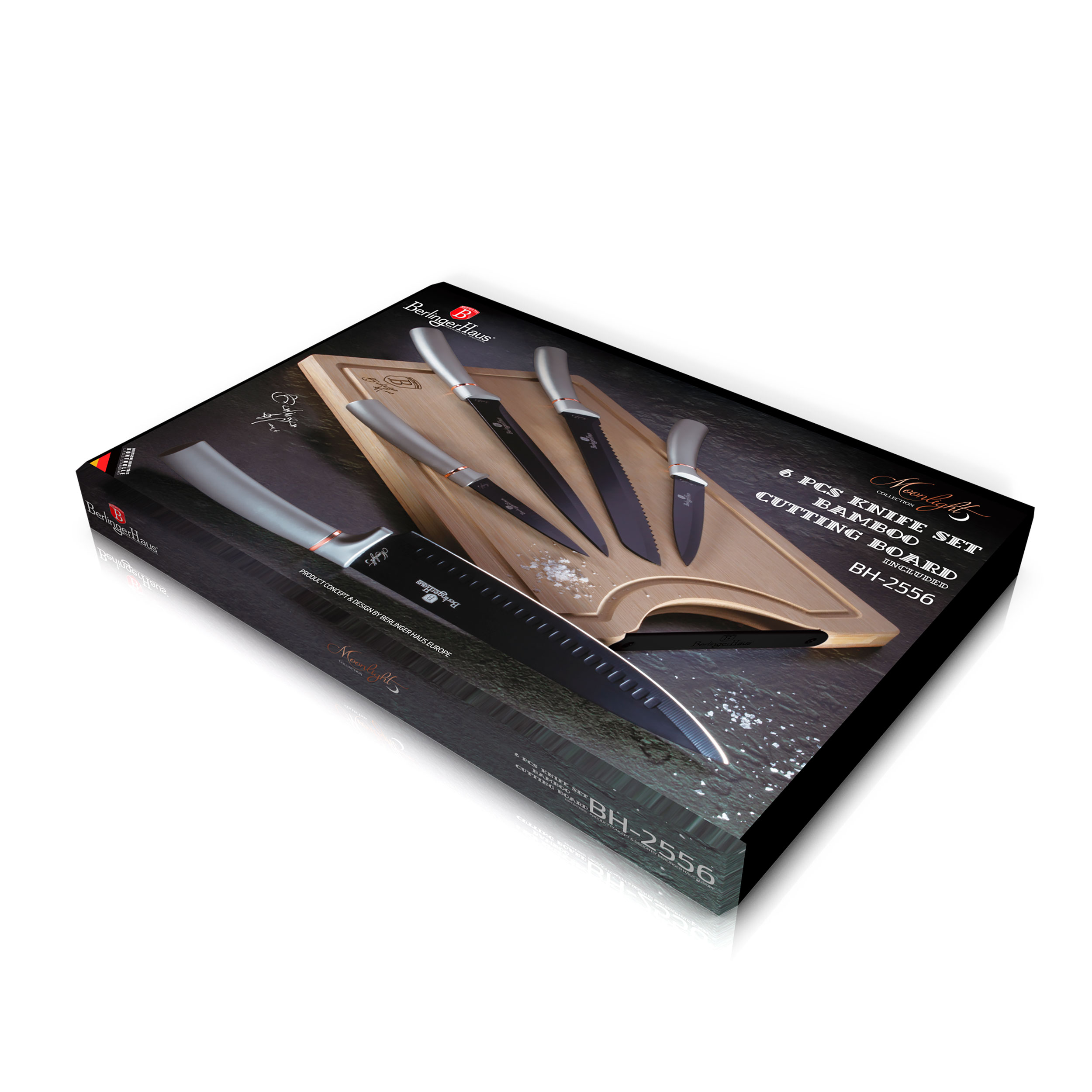 Caja de juego de cuchillos con cuchillos en una tabla de cortar. Caja negra con texto e imágenes.
