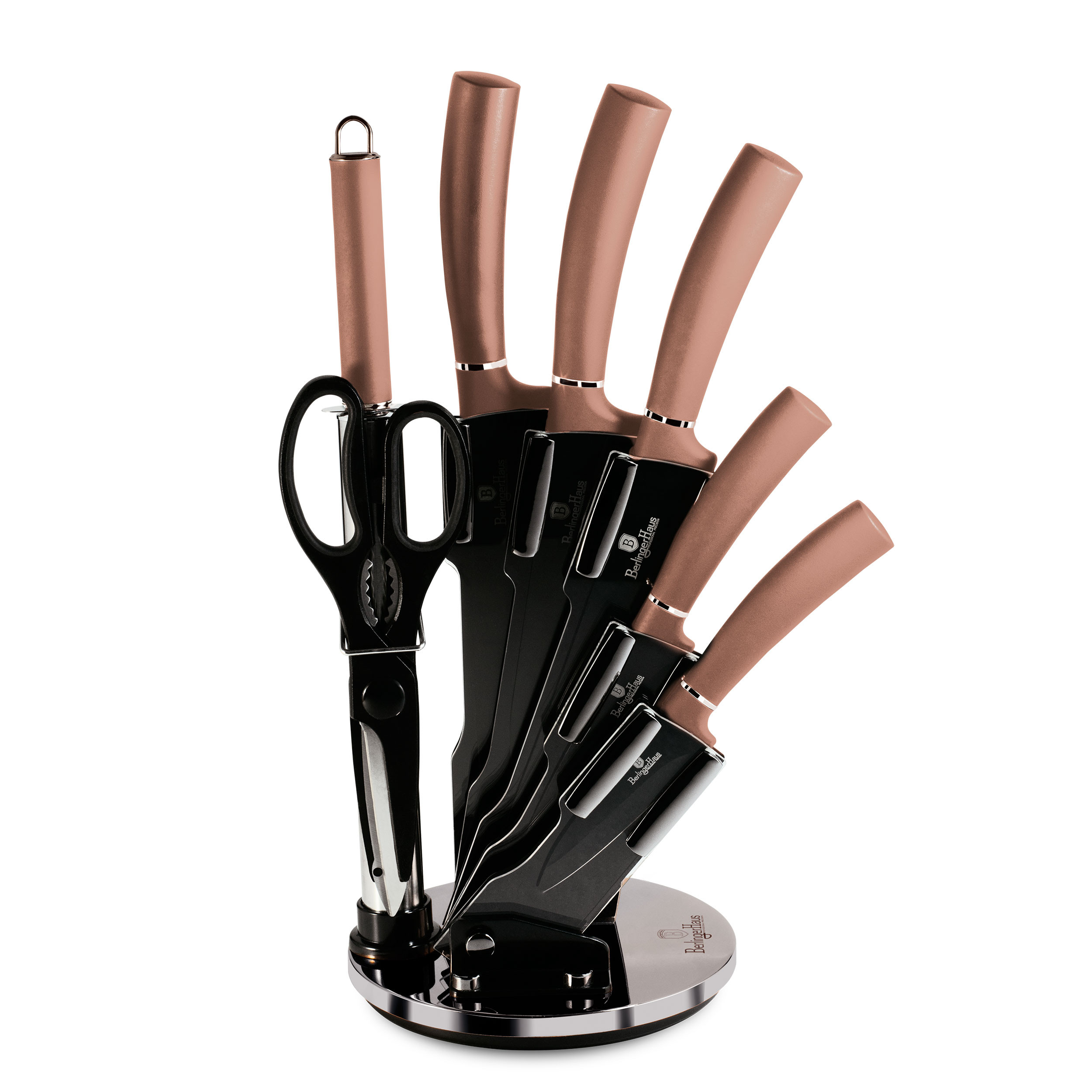 Haus Rose Gold juego cuchillos profesional 8 piezas acero inoxidable recubrimiento antiadherente soporte cocinero cebollero santoku chaira tijeras diseño metallic bh2561 berlingerhaus