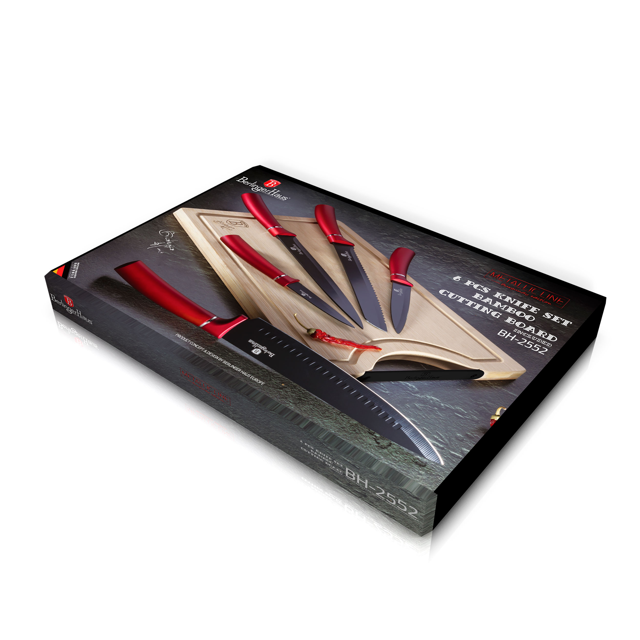Juego de cuchillos en una caja con una tabla de cortar. Mangos rojos y hojas negras.
