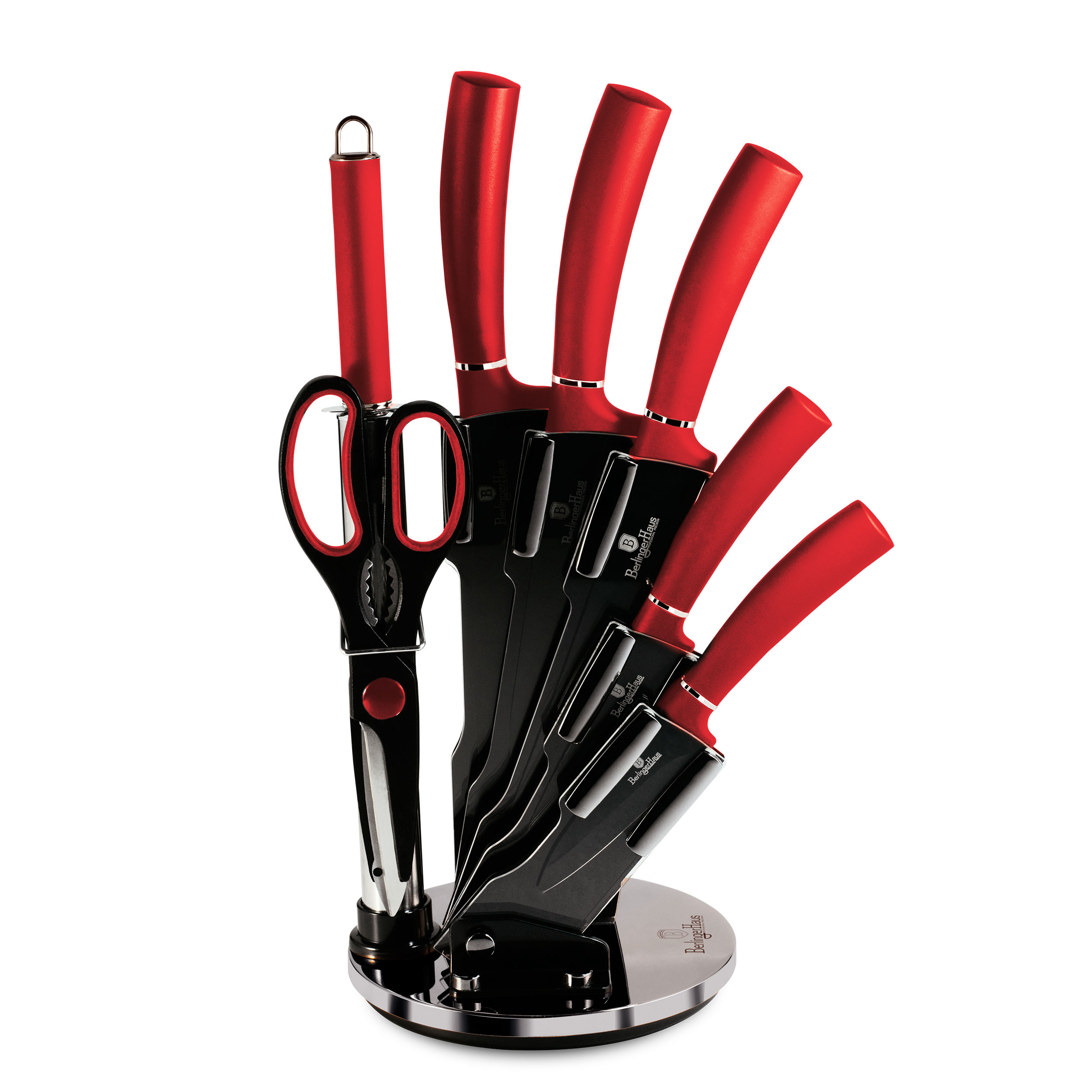 Haus Burgundy Juego cuchillos profesional 8 piezas acero inoxidable recubrimiento antiadherente cocinero cebollero pan santoku chaira tijeras diseño metallic bh2562 de berlingerhaus