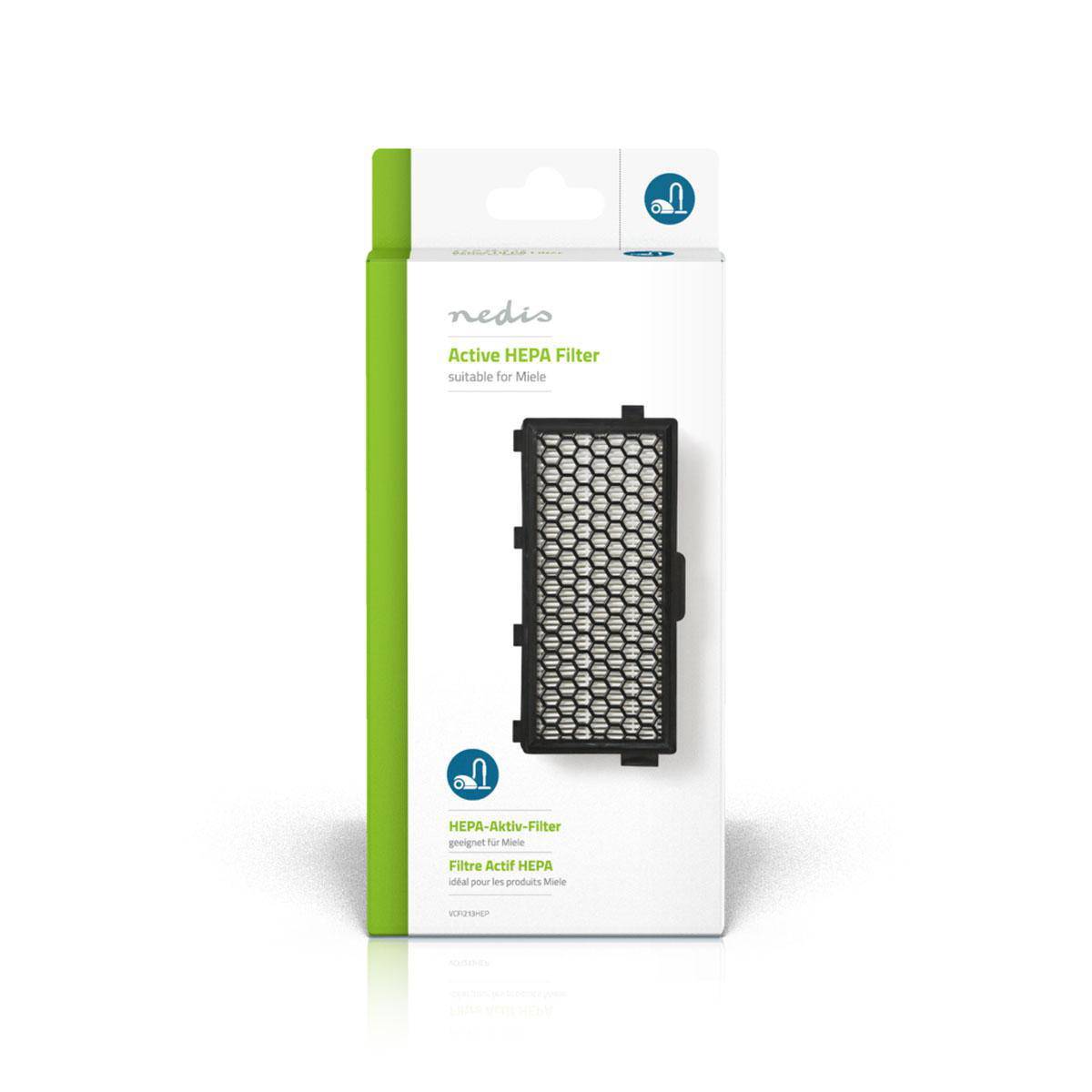 Active HEPA filter for Miele in a white and green package.