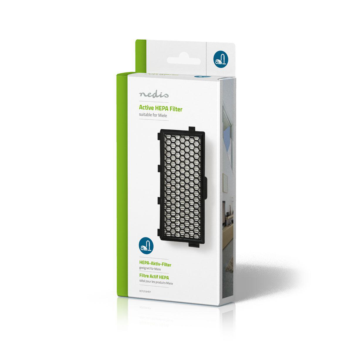 A white and green box with a black HEPA filter inside. The text on the box indicates it's for Miele.