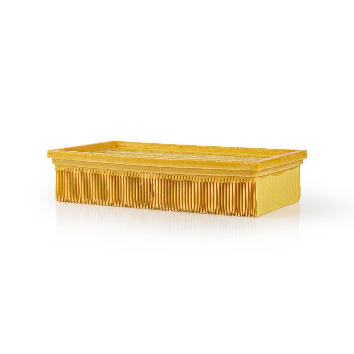 Yellow air filter with many vertical ridges. The filter is rectangular and sits against a white backdrop.