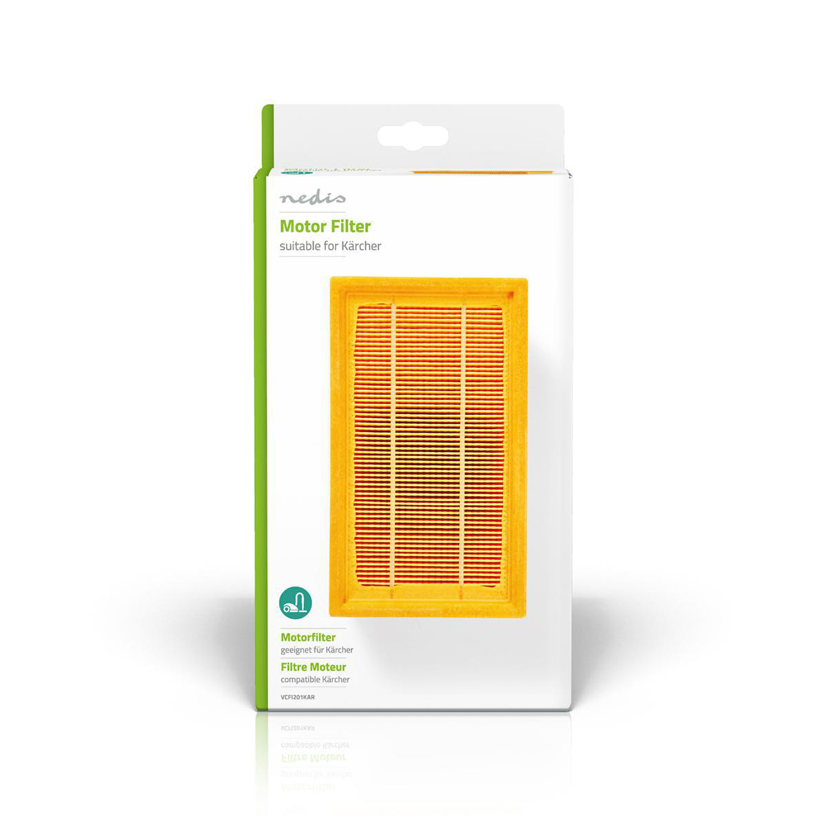 Motor filter in a box. Yellow filter with orange lines. Text on the box in multiple languages.