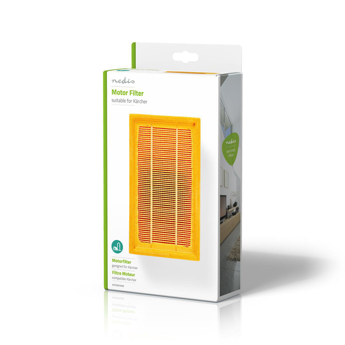 Orange motor filter in a white box, with text in multiple languages.